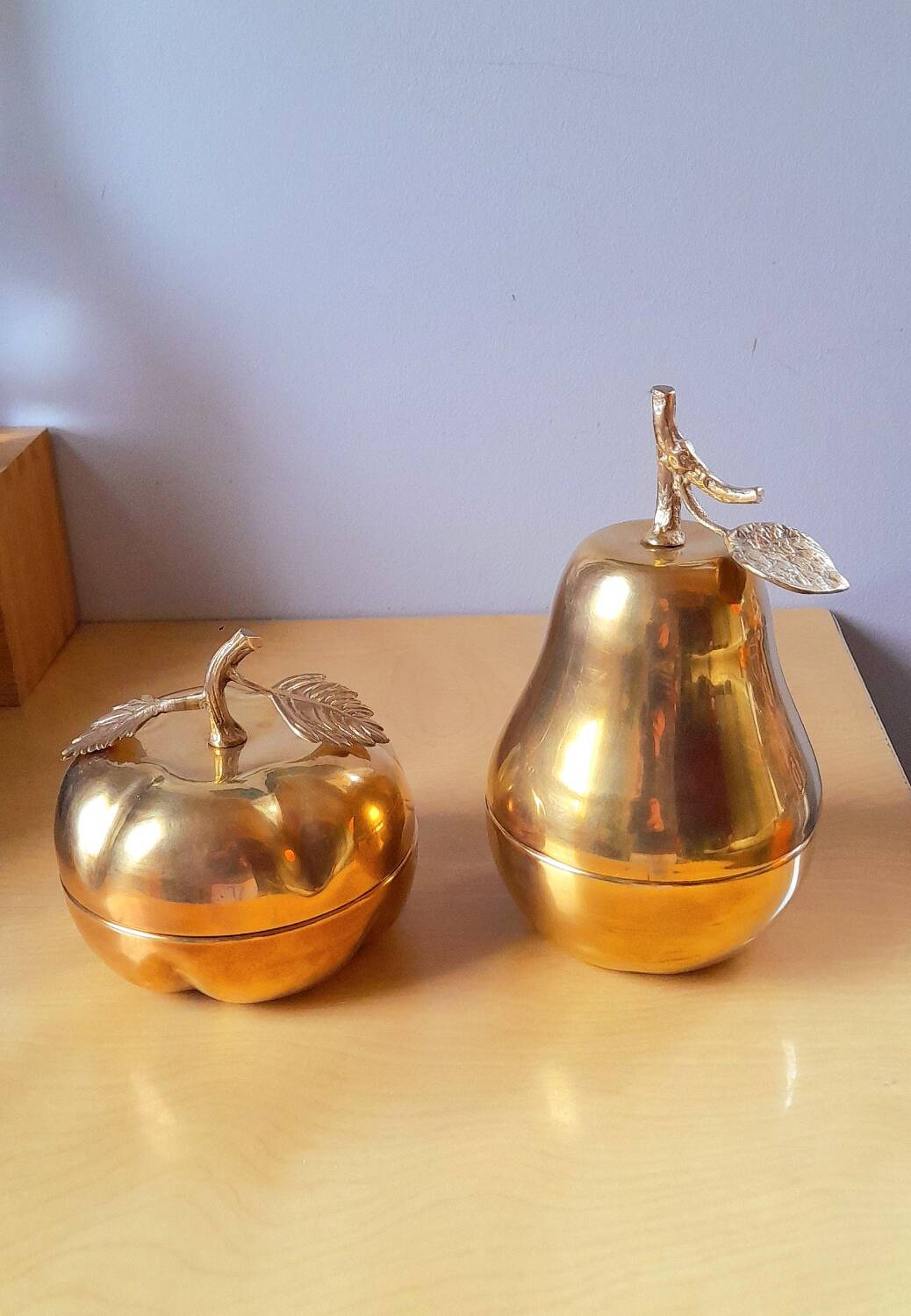 Apple and pear brass boxes from the 70s