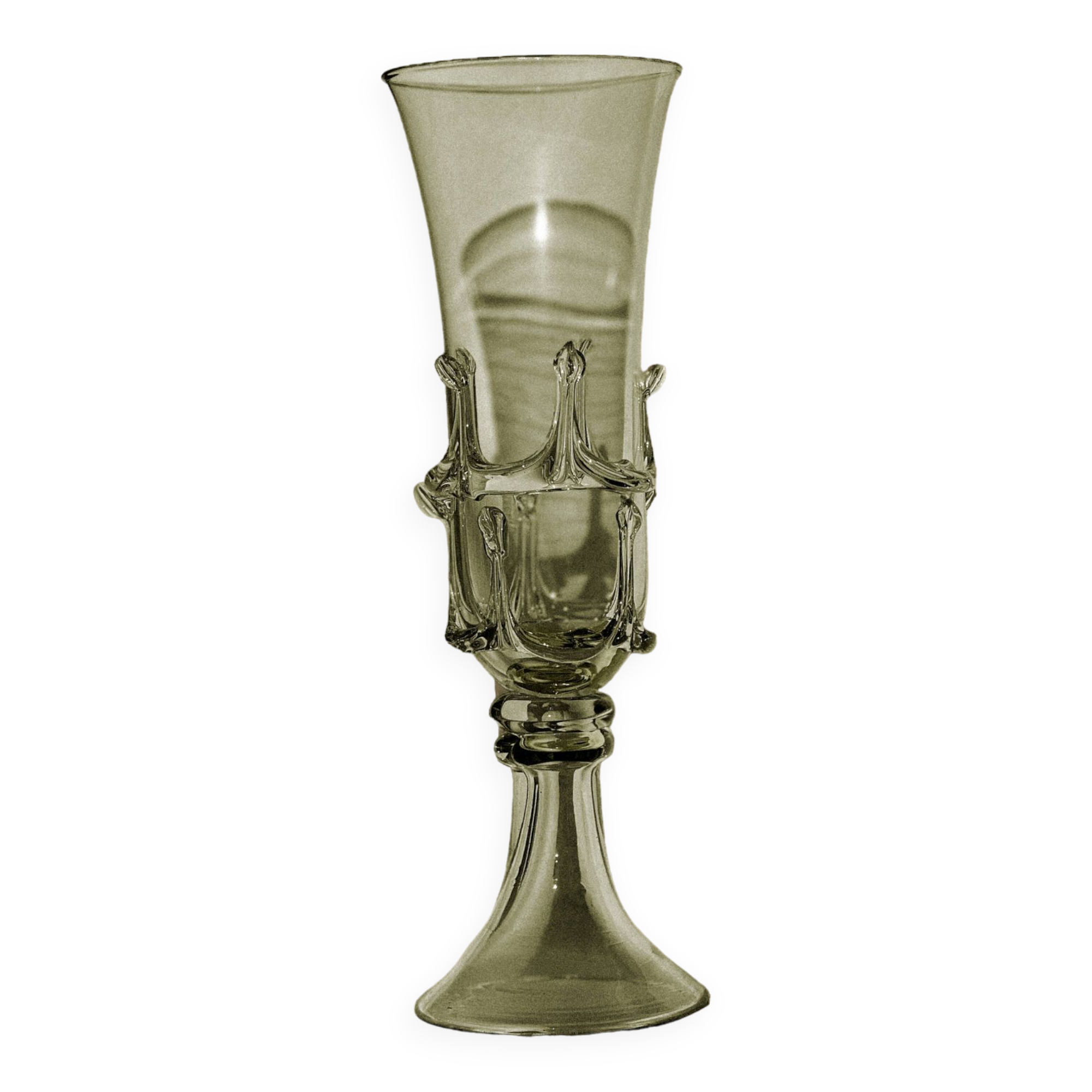 pair of green glass champagne flutes - label