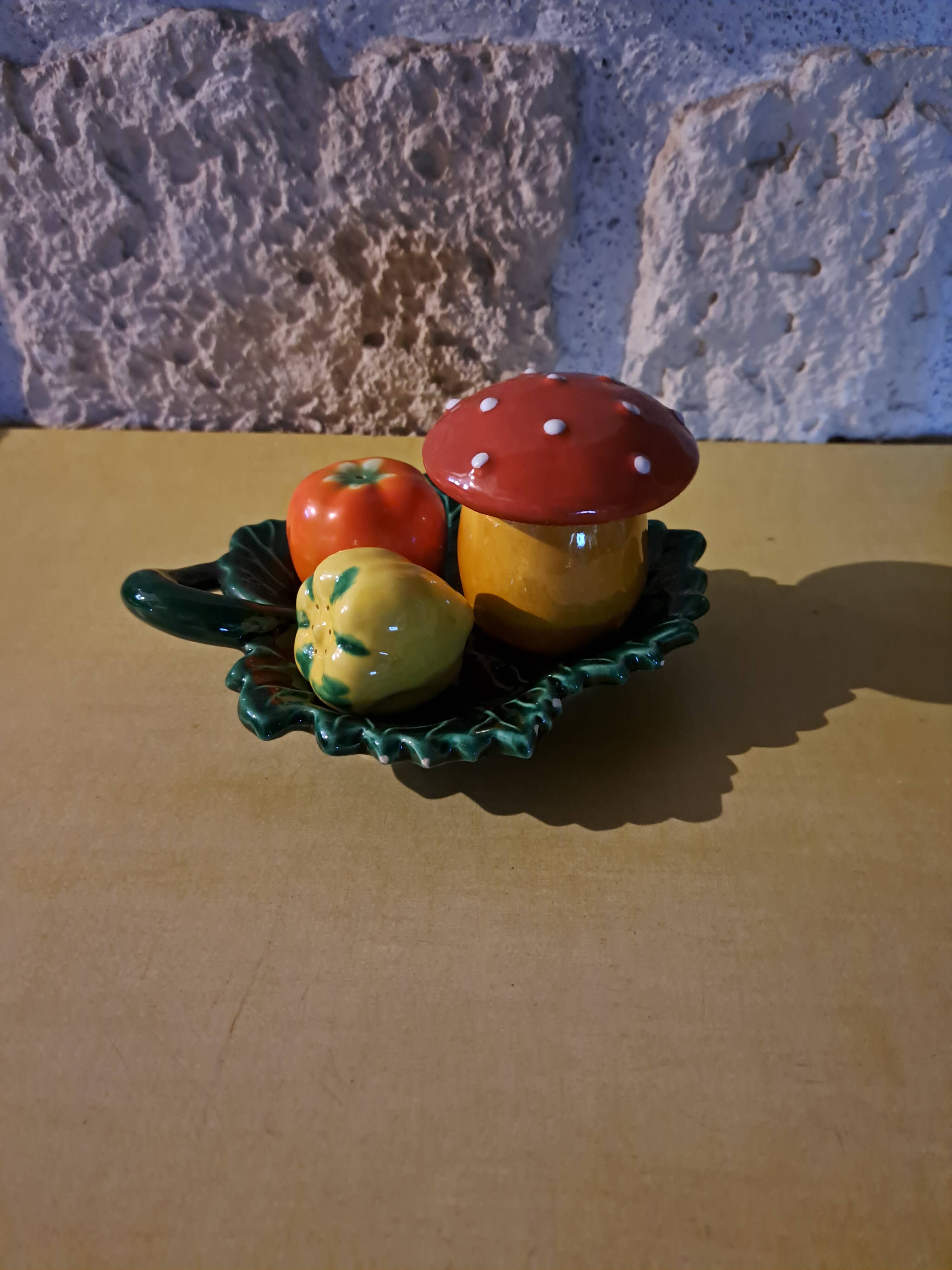 Salt shaker, pepper shaker, mustard slushie Vallauris vegetable and mushroom service