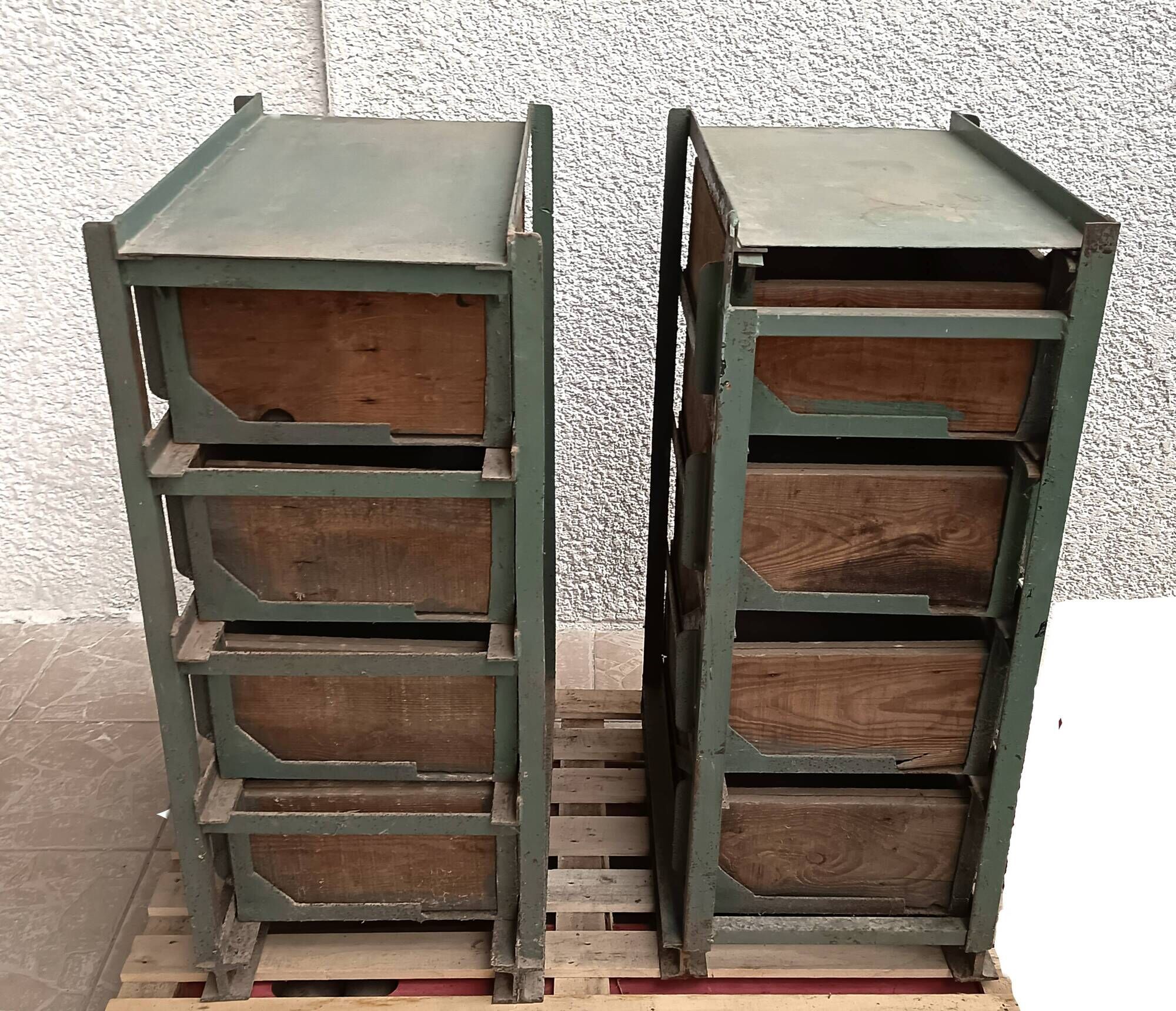 Pair of vintage industrial metal and wood lockers