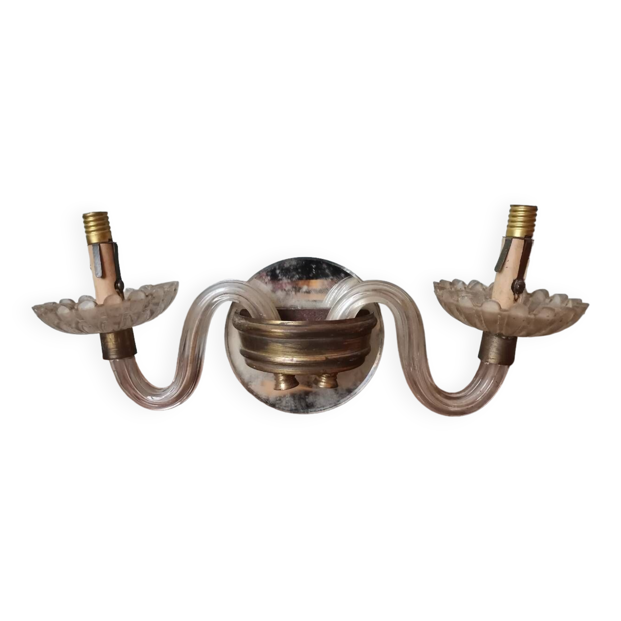 Old vintage wall lamp, brass glass and fake candle mirror