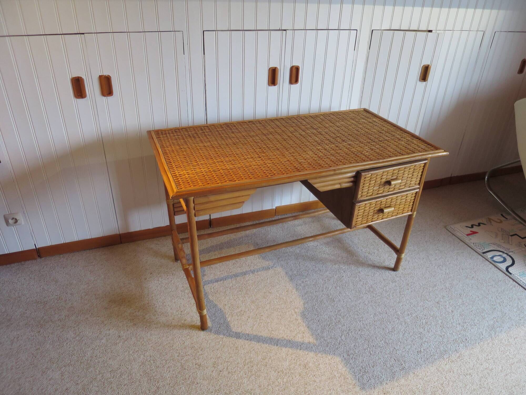 desk - wood-bamboo and woven wicker rattan - 2 drawers - large top - 80