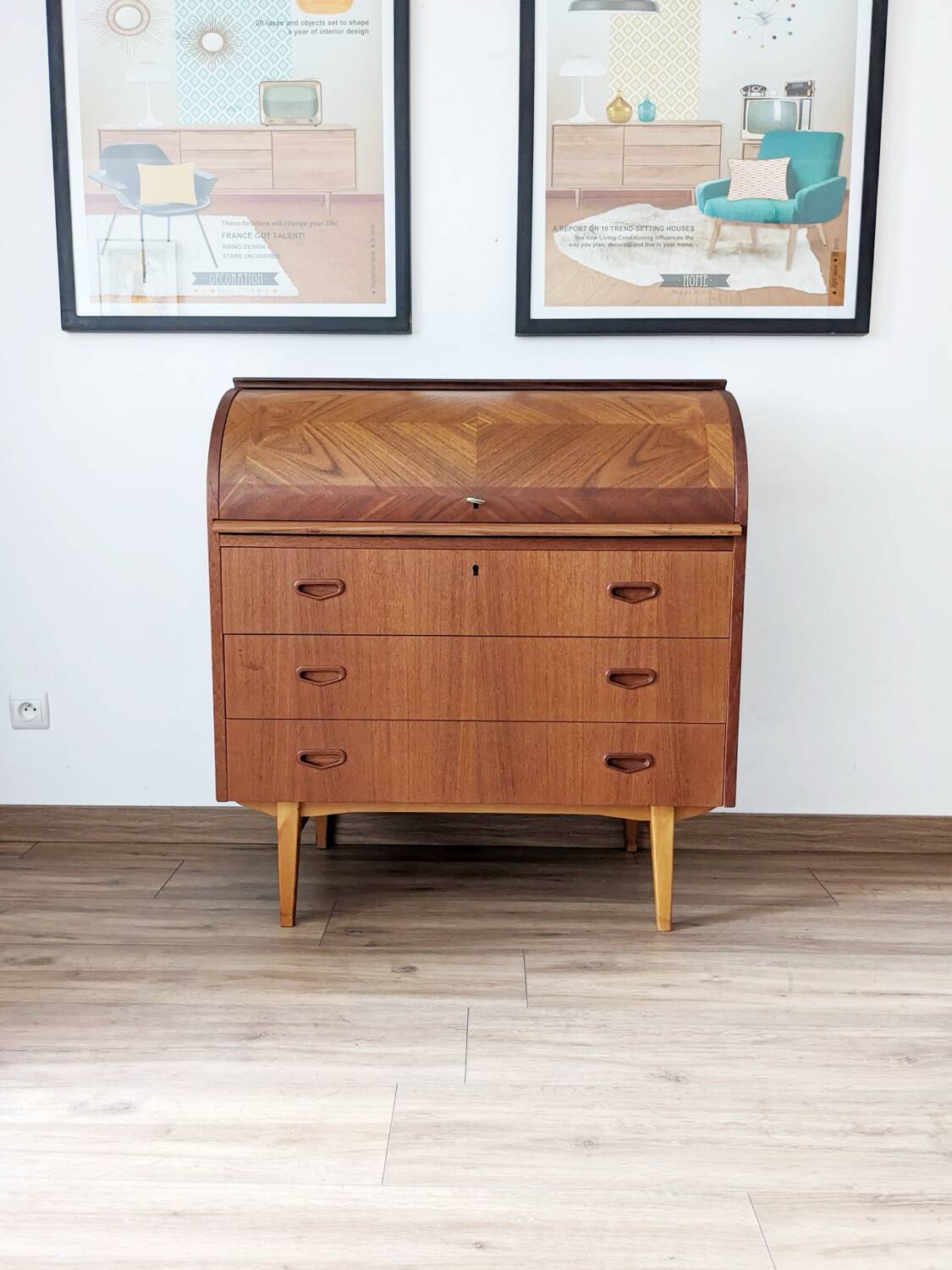 Bureau secrétaire à cylindre teck midcentury