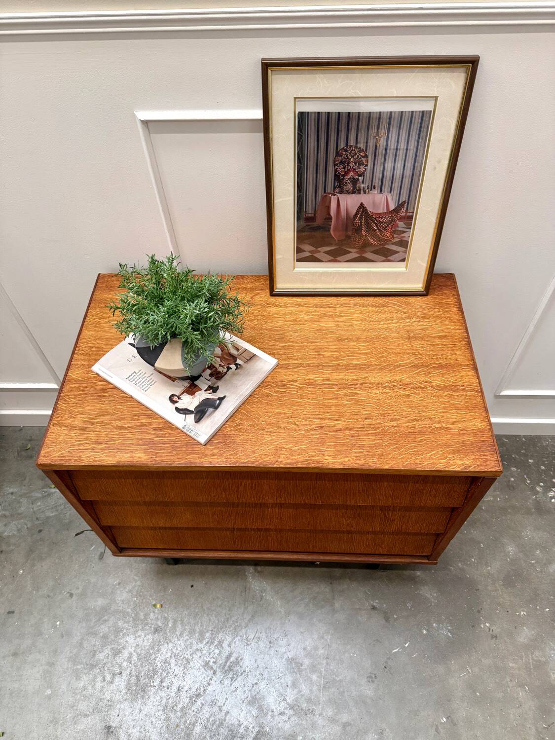 Modernist chest of drawers with slanted drawers