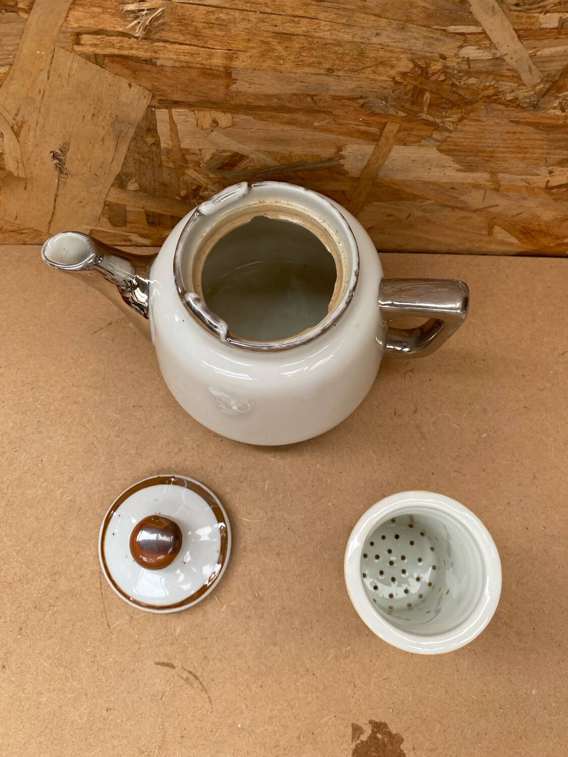 Antique aluminite teapot frugier white & silver ceramic vintage