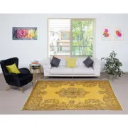 Vintage Handmade Turkish Wool Area Rug Overdyed in Yellow for Modern Interiors