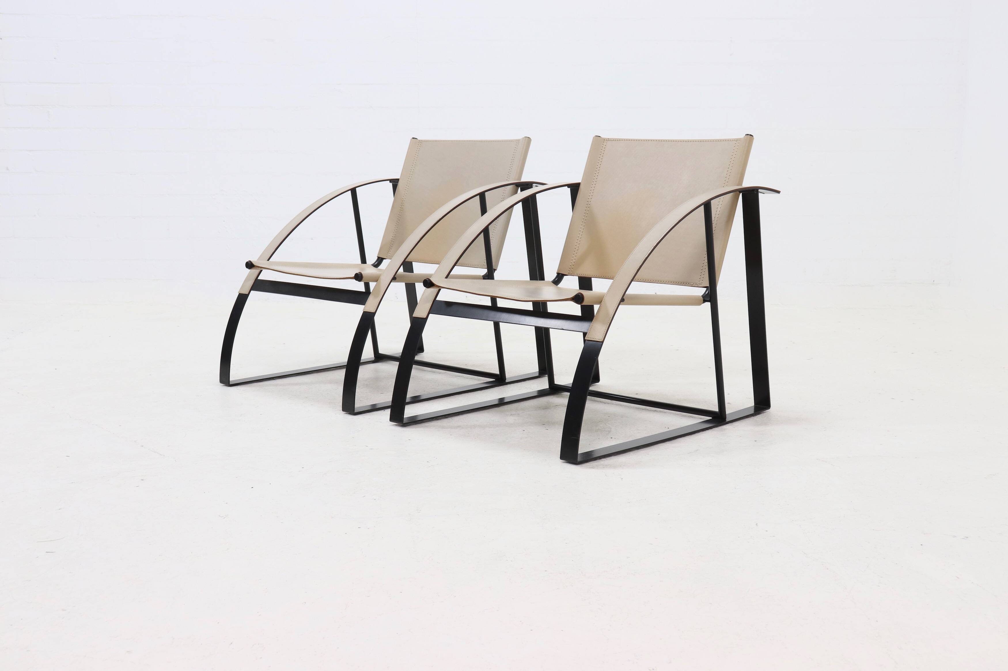 Set of 2 Post Modern Saddle Leather and Steel Armchairs 1970s