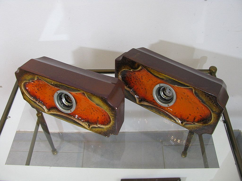 Set of 2 German Orange Lava Ceramic Wall Lamps from the 1960s / 70s Pan Keramik