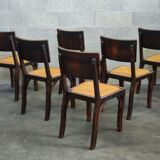 Suite of 6 chairs brutalist style straw and solid oak