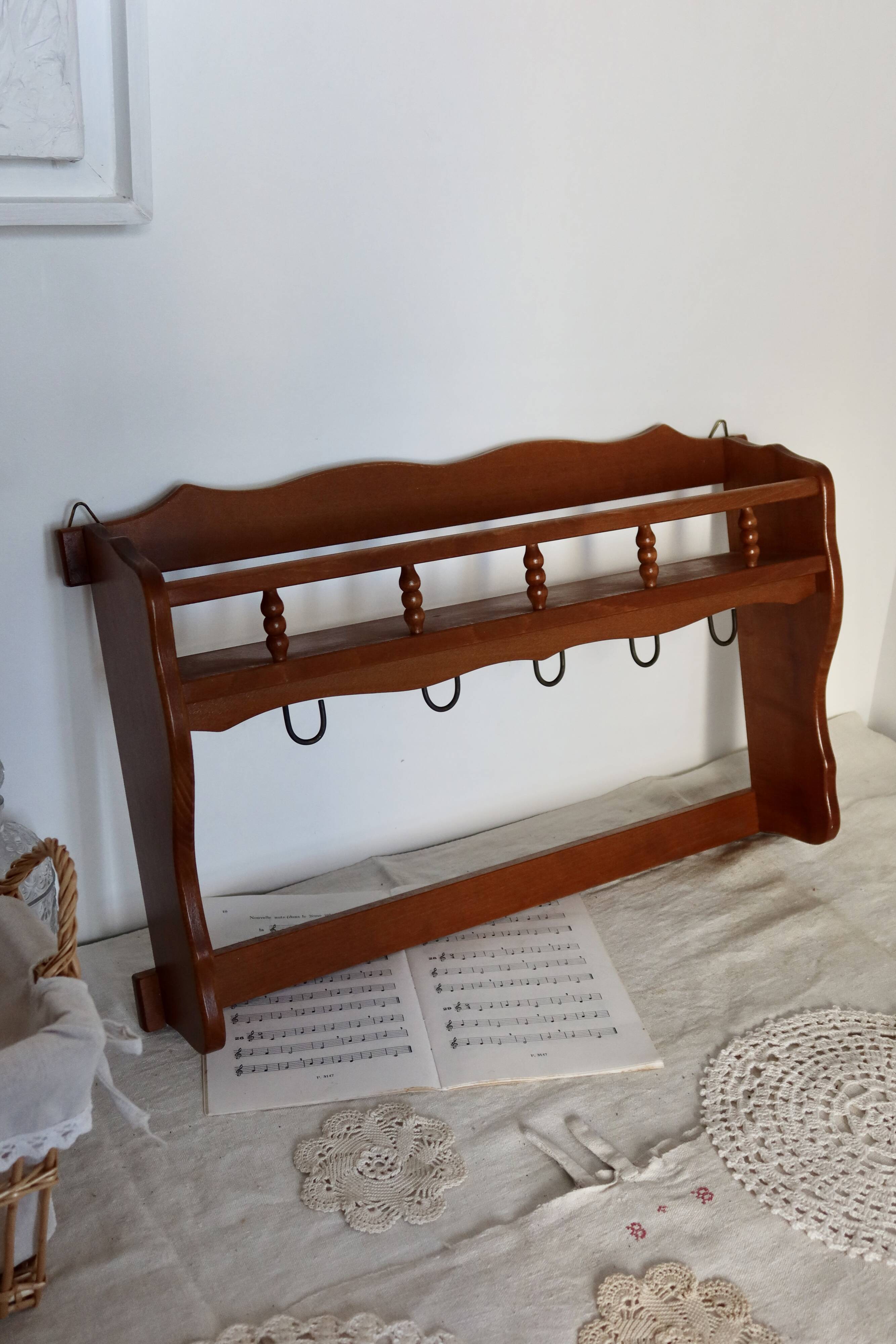 Vintage wooden wall shelf and hooks
