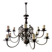Antique chandelier in tin or bronze, Art Deco style, 12 light branches.