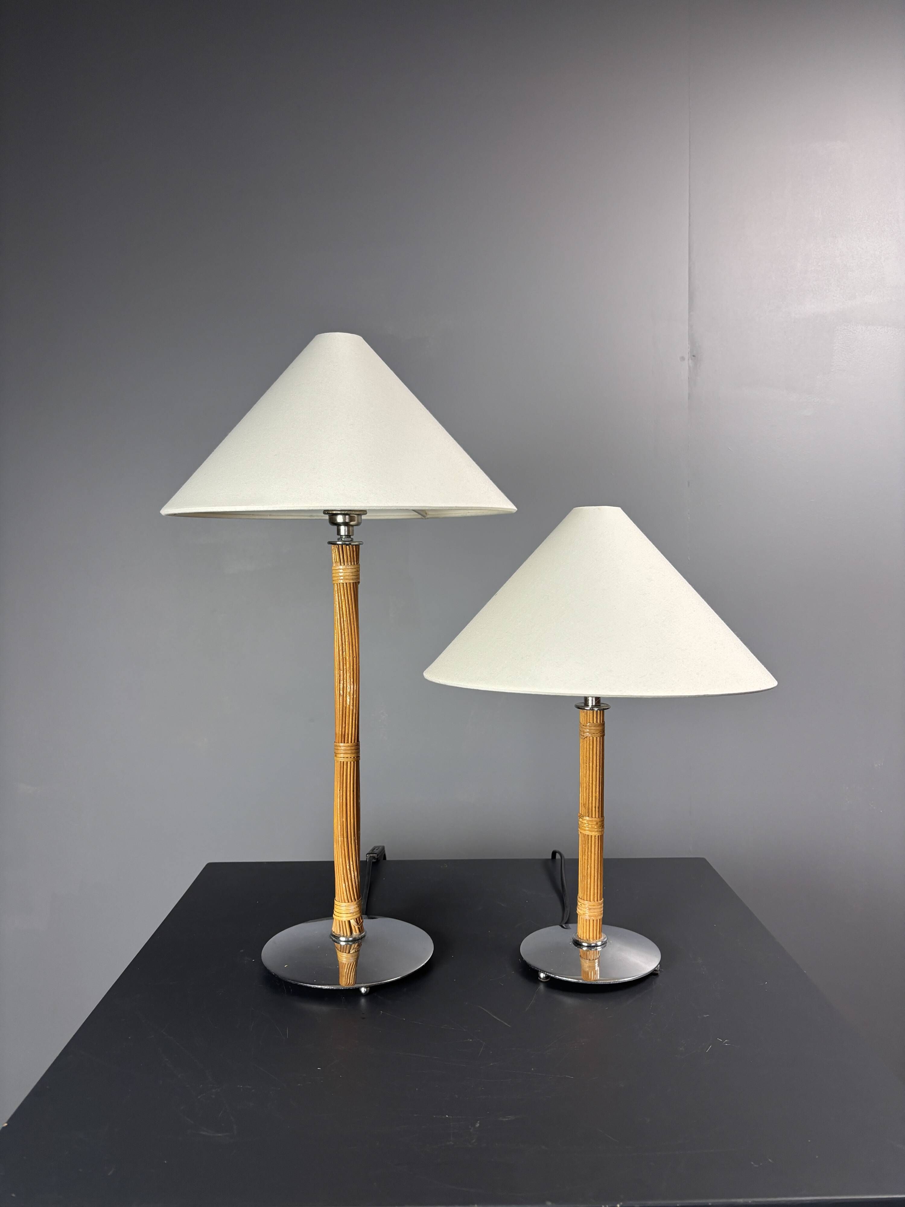 Set of 2 pencil reed rattan bamboo and chrome table lamps, 1980s