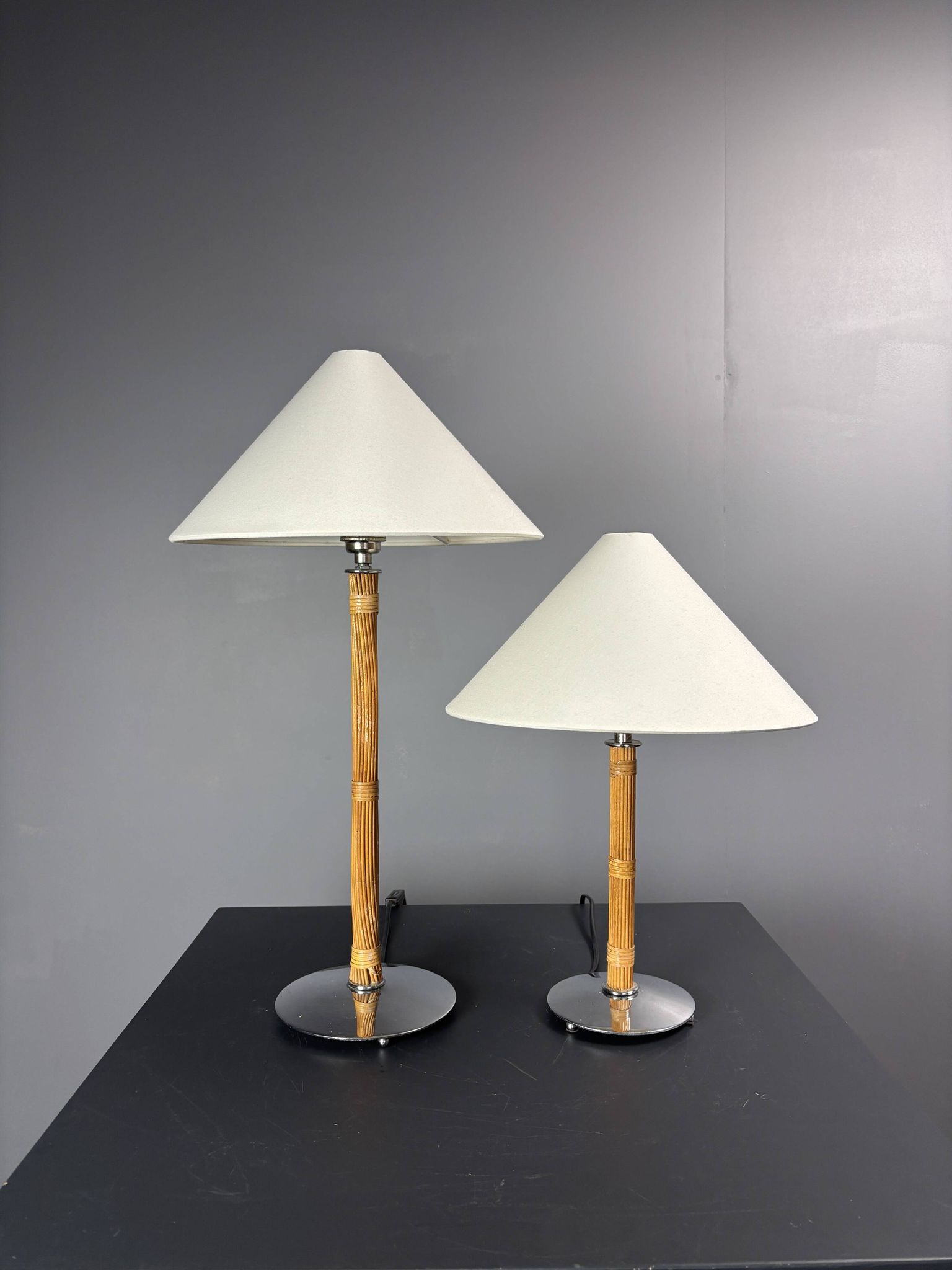 Set of 2 pencil reed rattan bamboo and chrome table lamps, 1980s