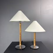 Set of 2 pencil reed rattan bamboo and chrome table lamps, 1980s