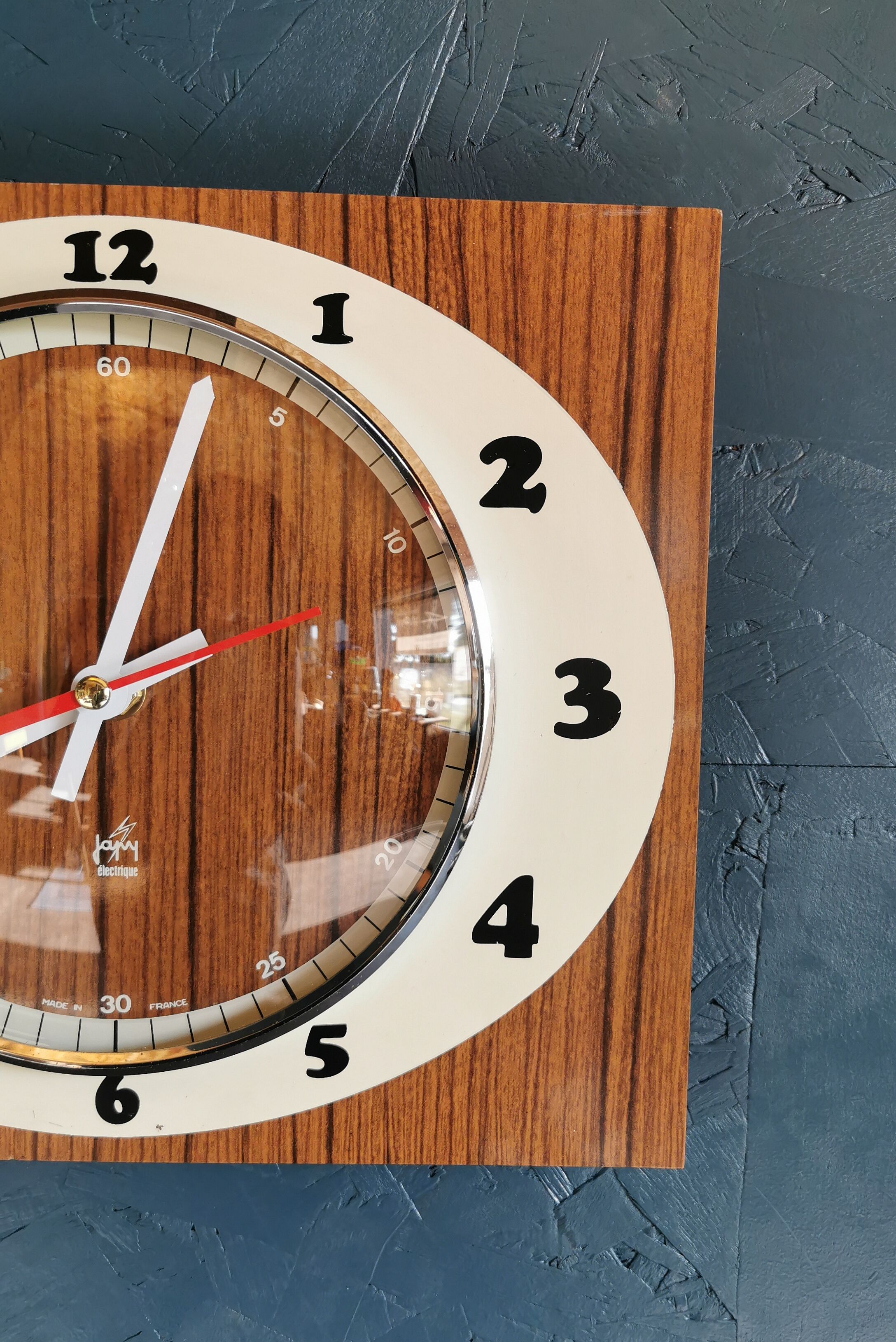 Vintage formica clock rectangular silent wall clock "Japy cream wood"