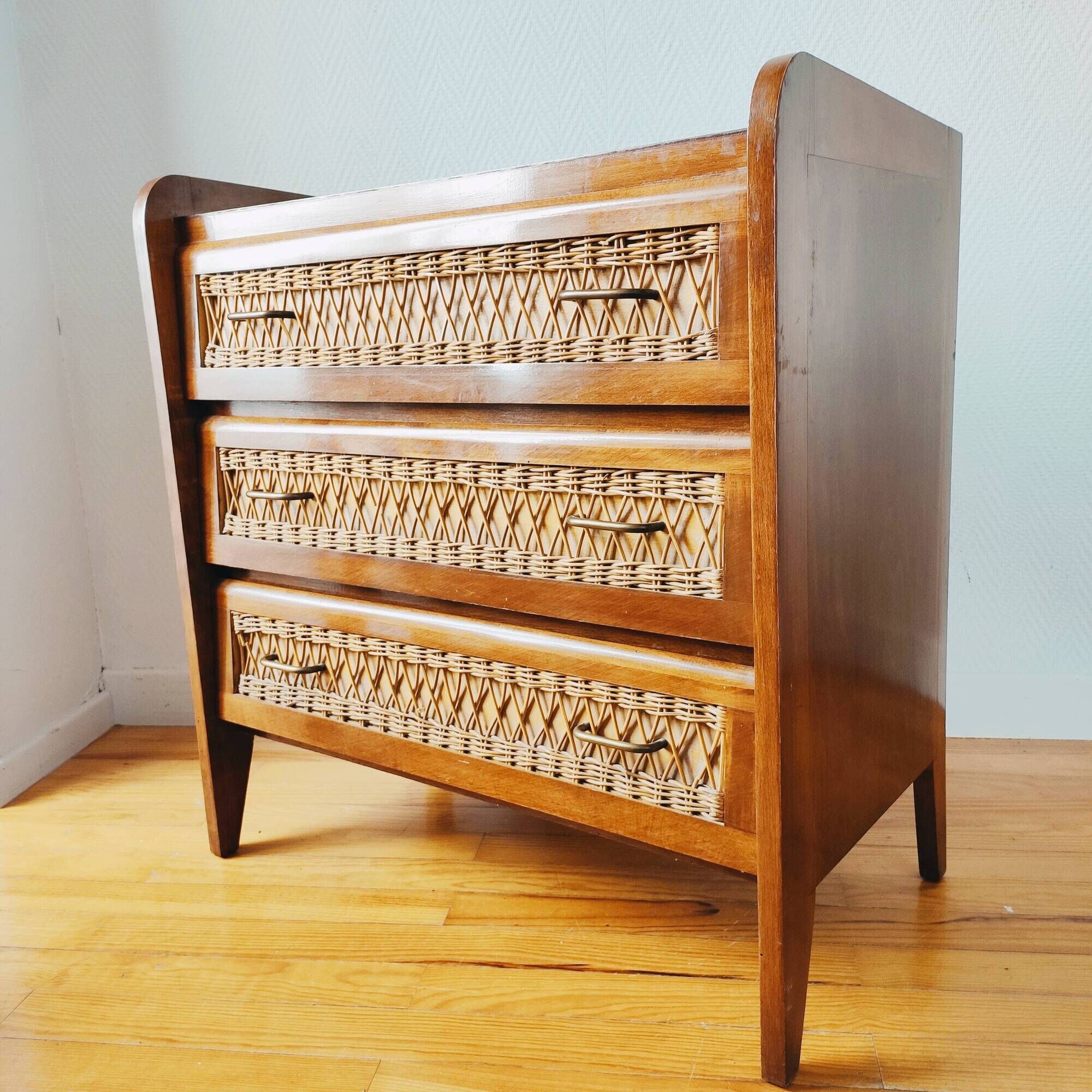 Vintage 1950 wood and rattan chest of drawers