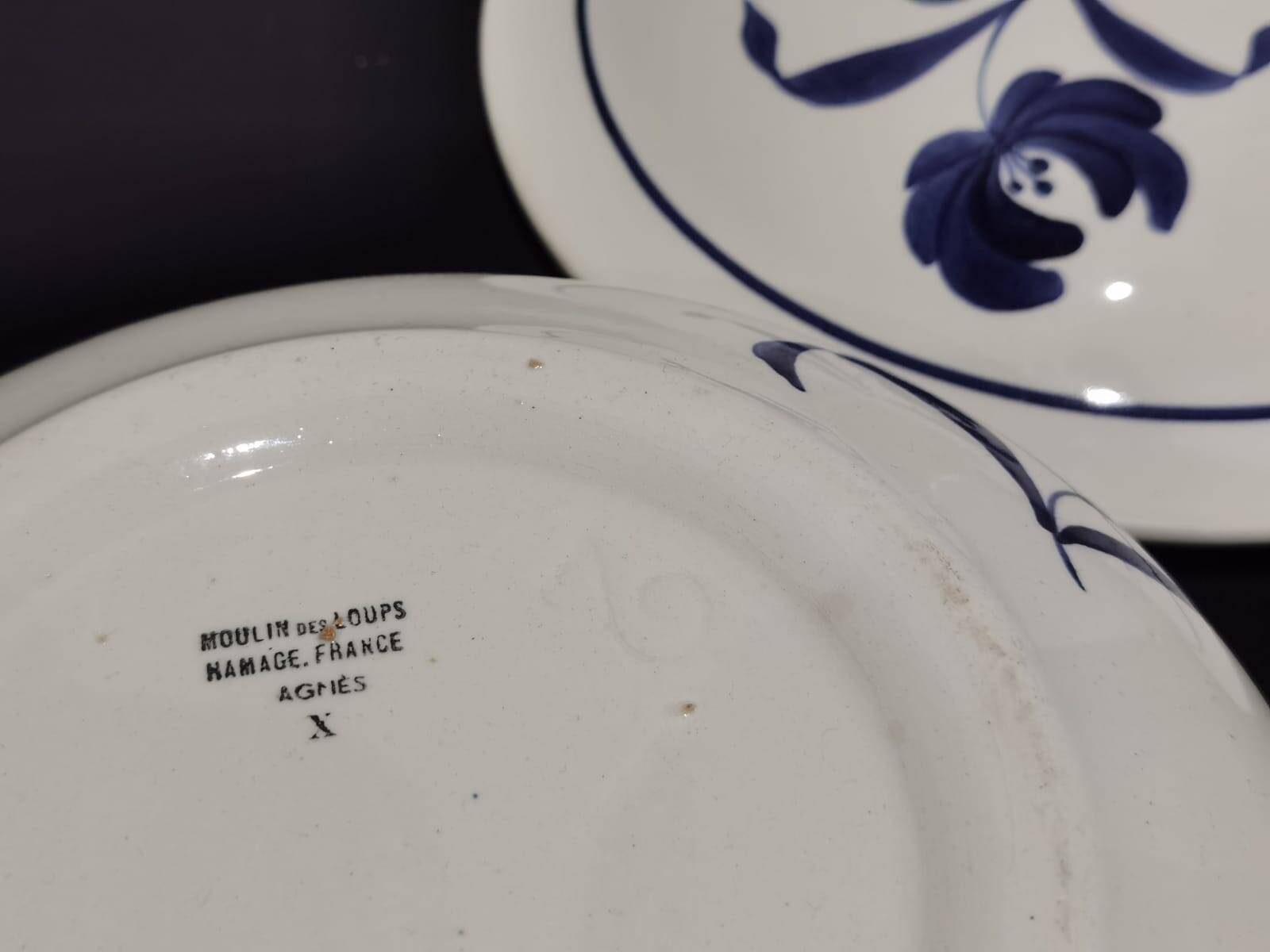 Old earthenware tureen with blue flower, Moulin des loups and hamage France, model