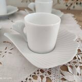 Set of 8 espresso coffee cups and white Limoges porcelain sub-cups scallops