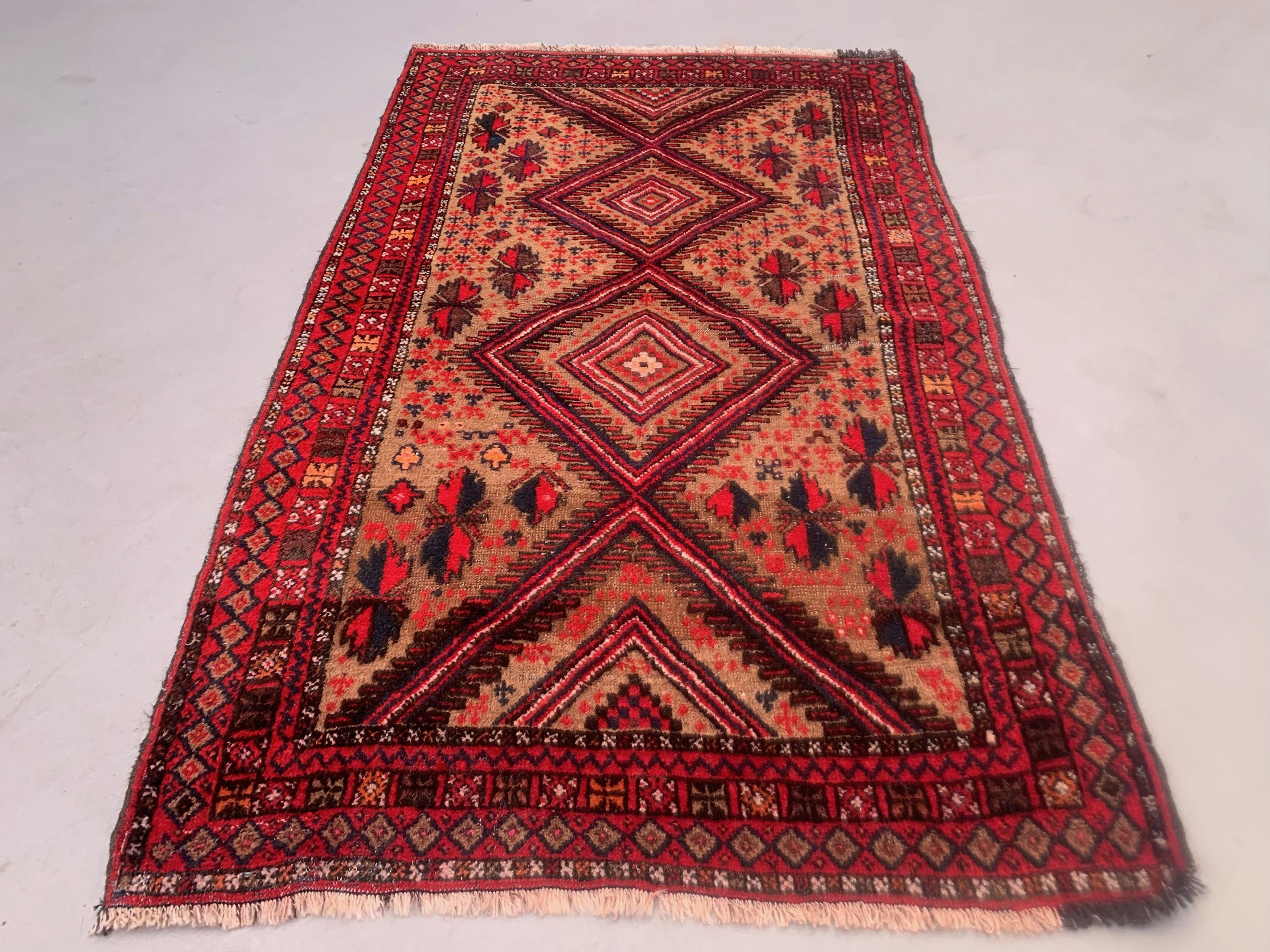 Vintage afghan village rug 138x85 cm, red, black