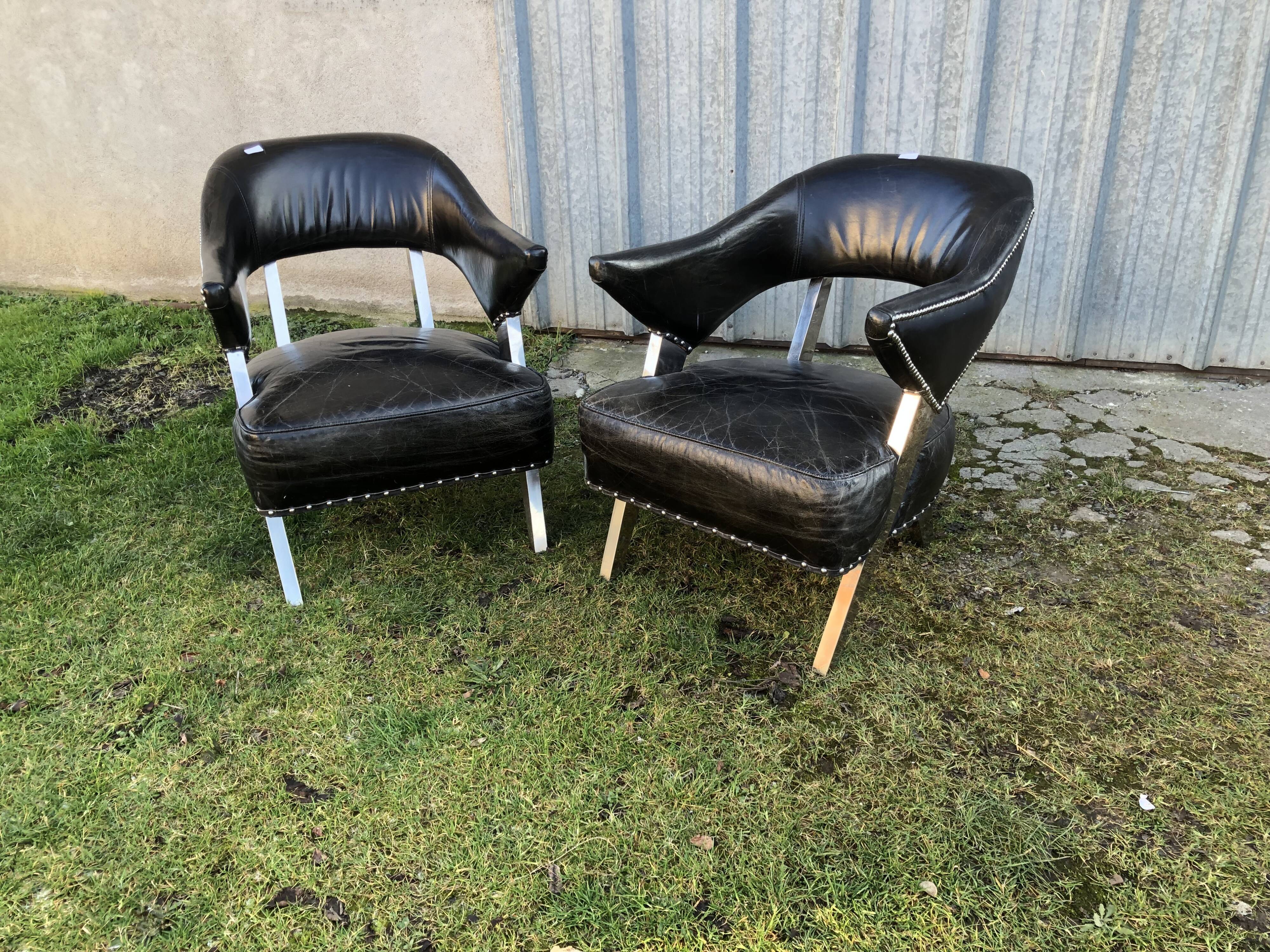 Pair of aviator chairs design XXeme leather and aluminum