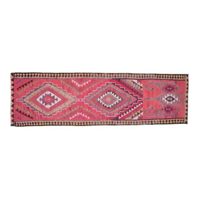 Tapis couloir vintage turc fait main en laine et coton rose des années 1970 104x358