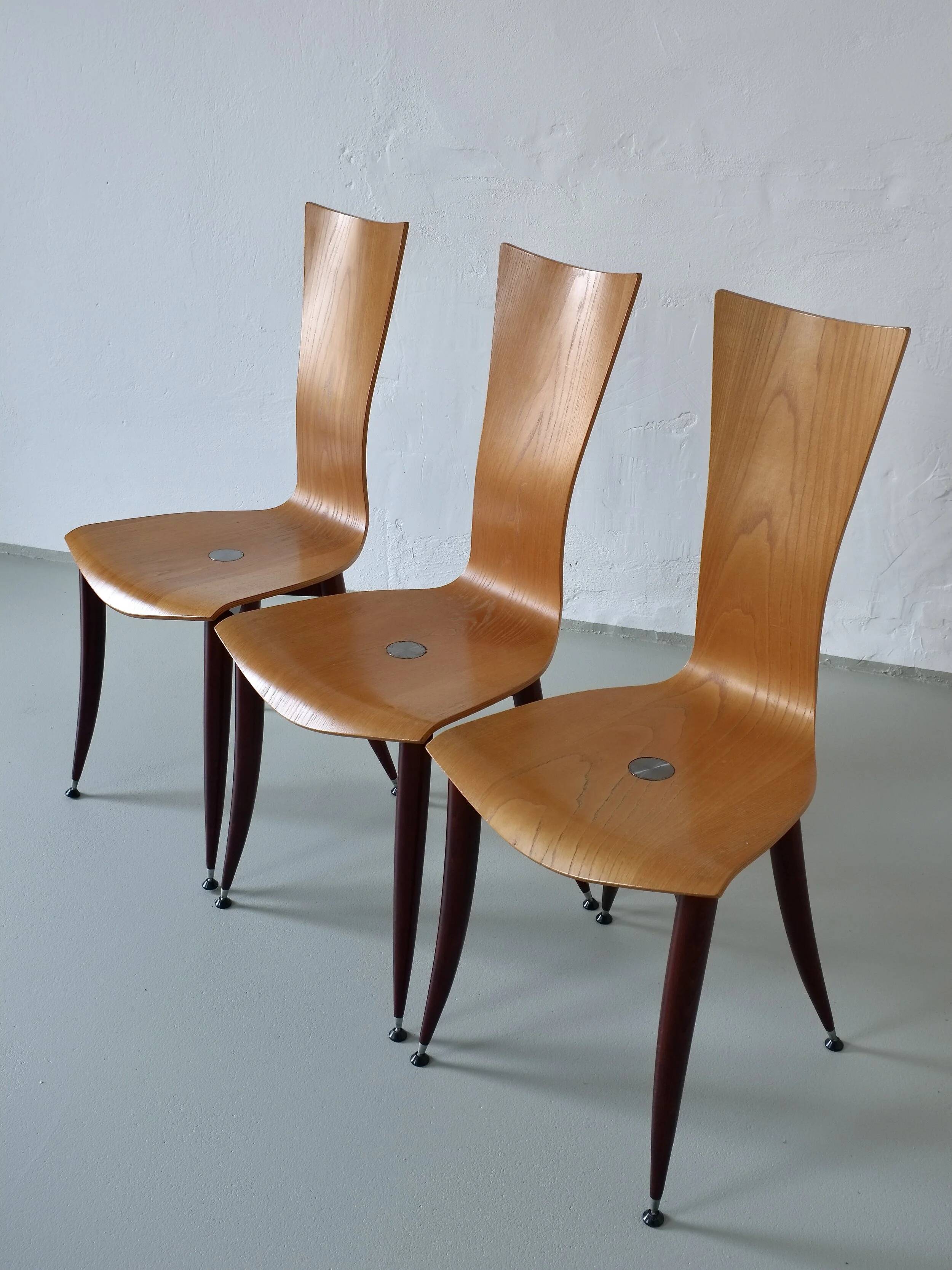 3 plywood burgundy legs chairs | Italy | 1980s