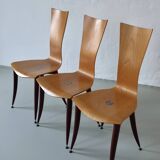 3 plywood burgundy legs chairs | Italy | 1980s