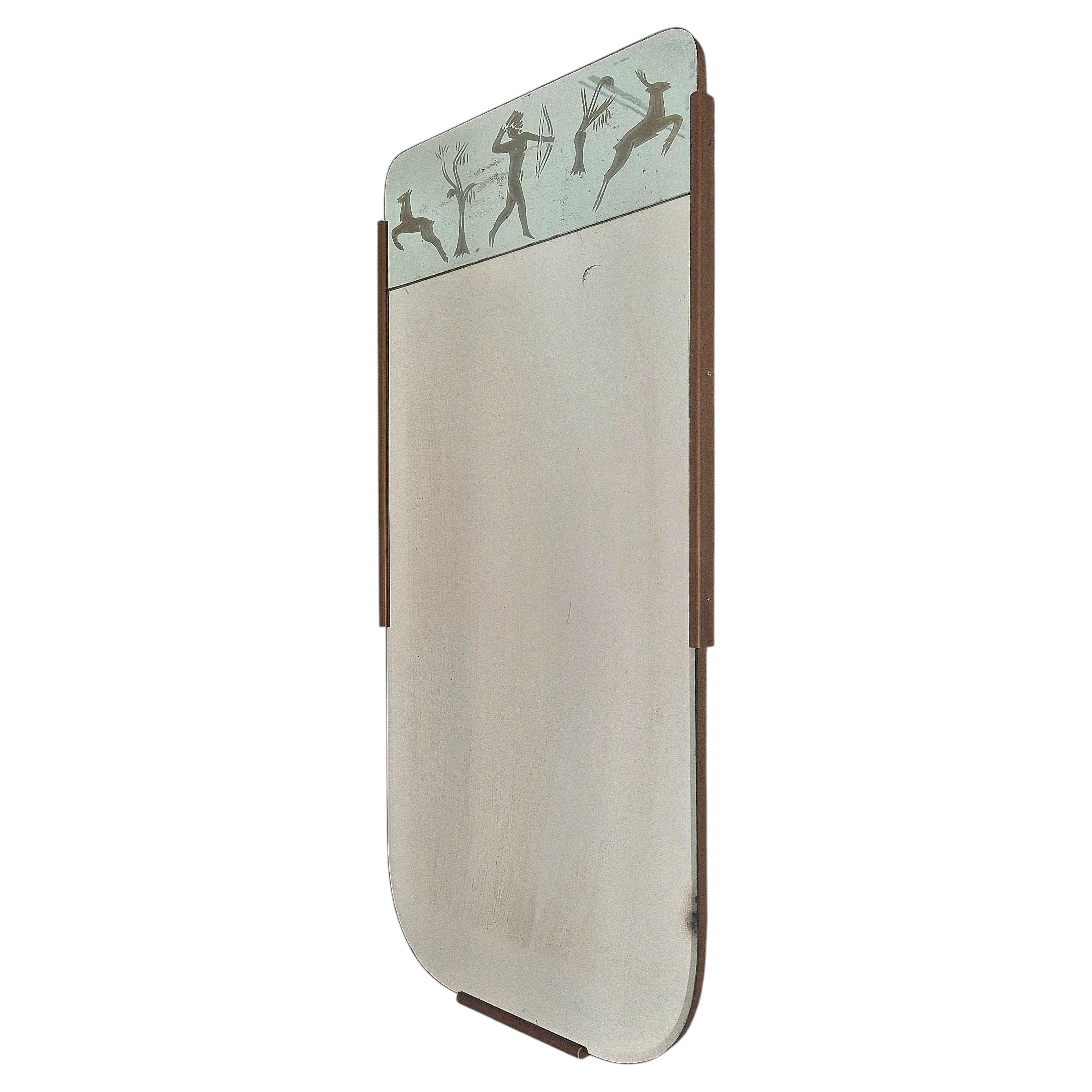 Miroir suédois Grace rare avec décor gravé de la chasseresse Diane et des cerfs.