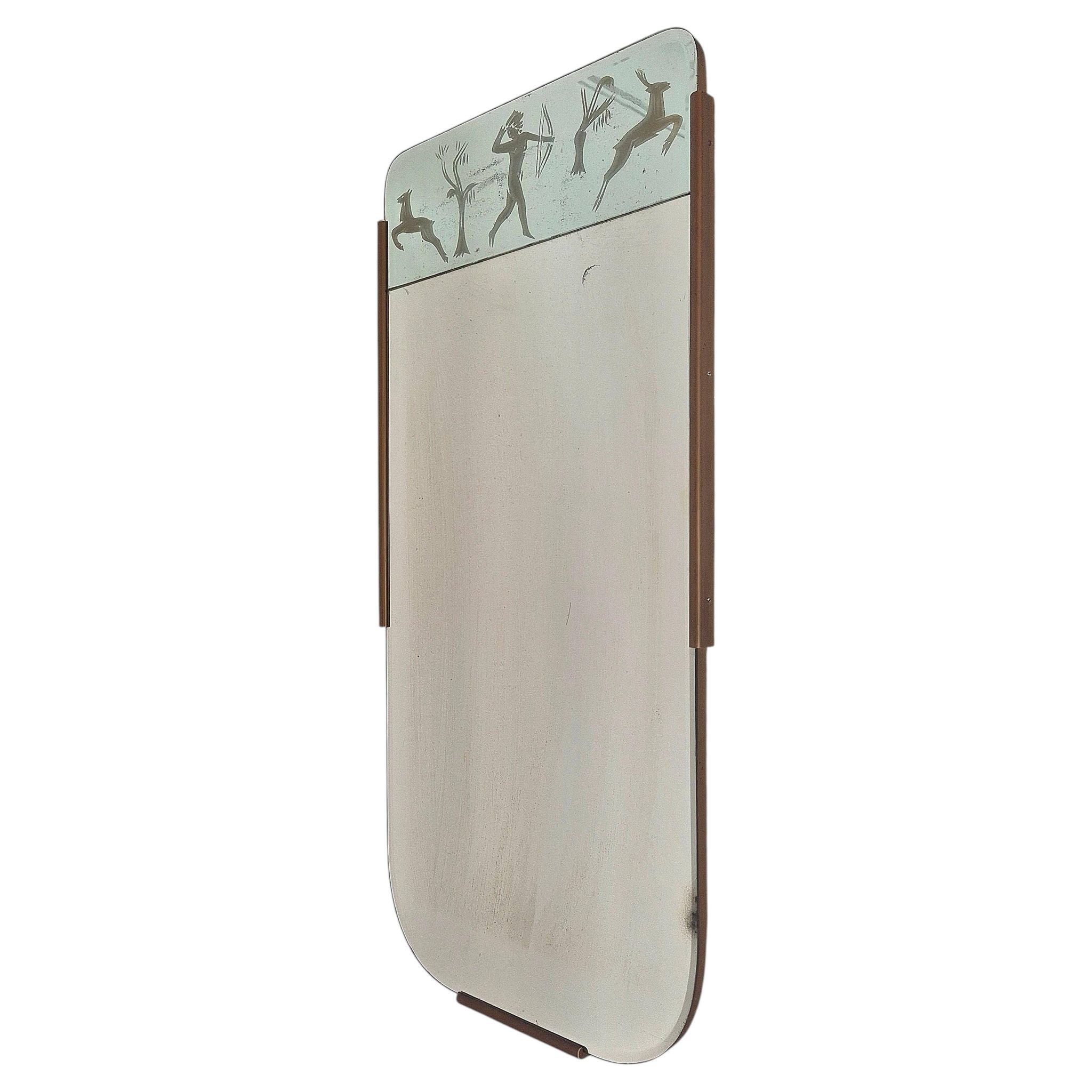 Rare Swedish Grace Mirror with etched decor of Huntress Diana with deers.