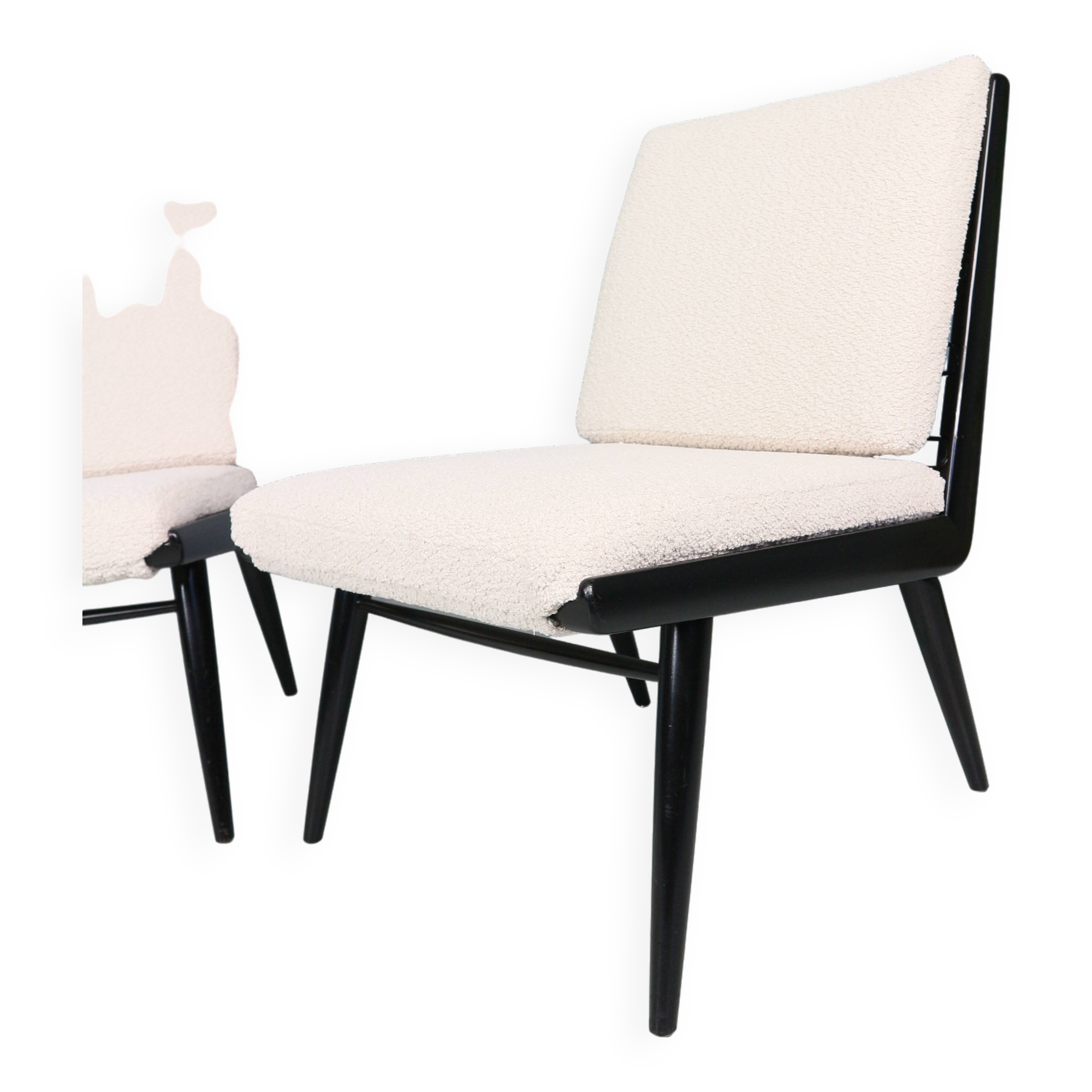 2x 'boomerang' h. mitzlaff, e. schmidt for soloform, bouclé lounge chairs, 1953