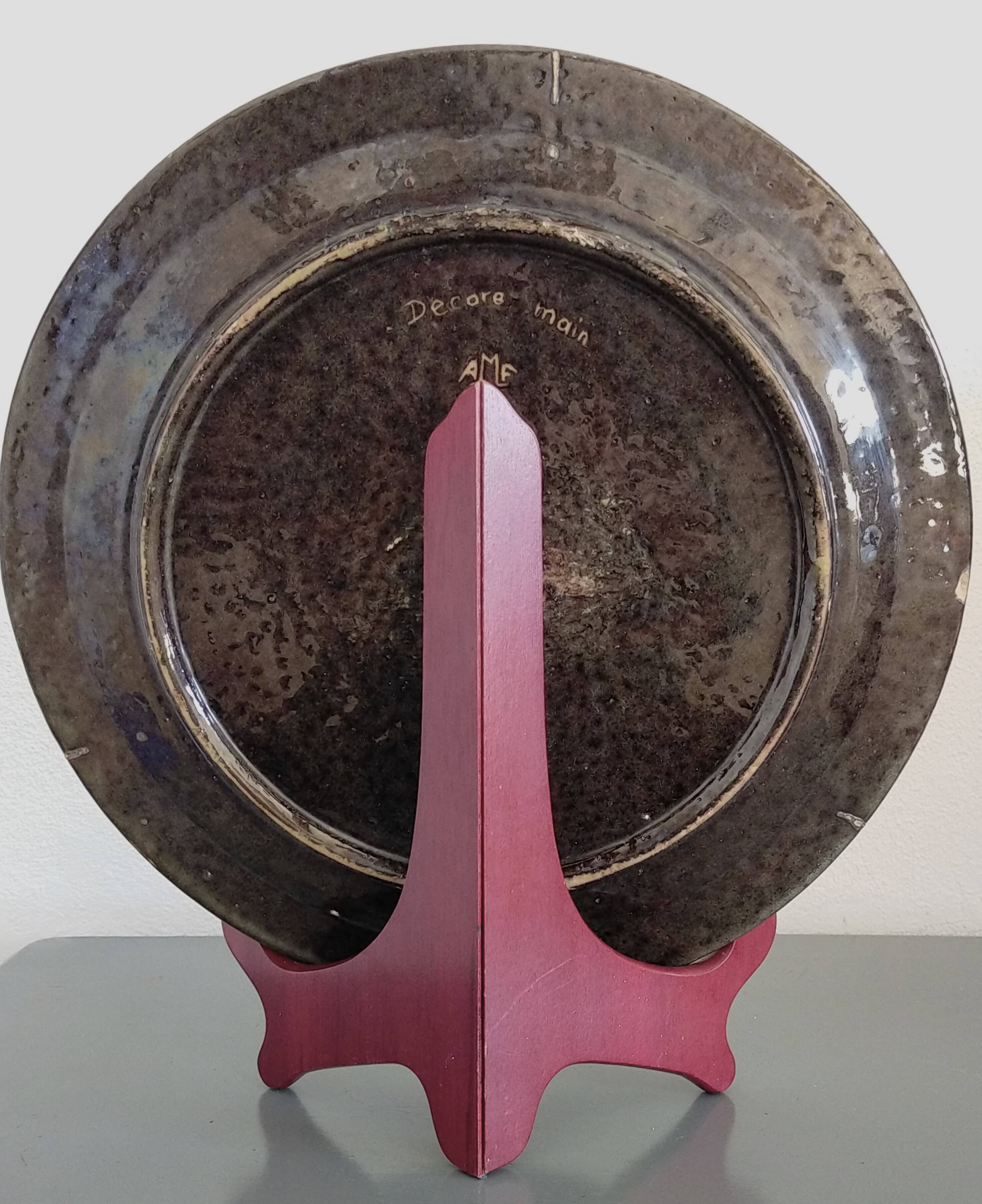 Plat vintage en terre cuite vernissée Dauphiné signé A.M.F.