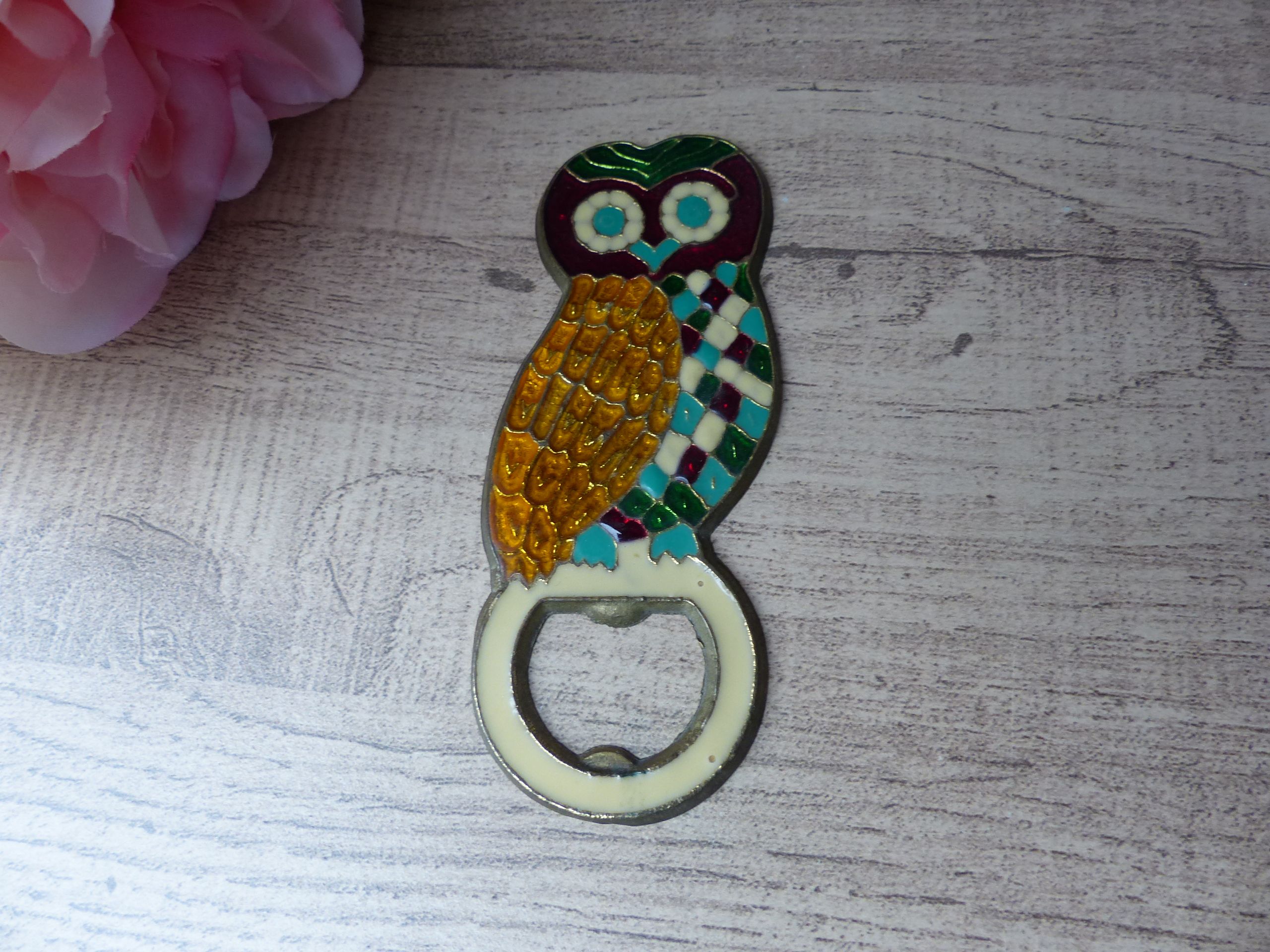 Vintage enamelled brass bottle opener 1970s Bar accessory bottle opener Owl bottle opener