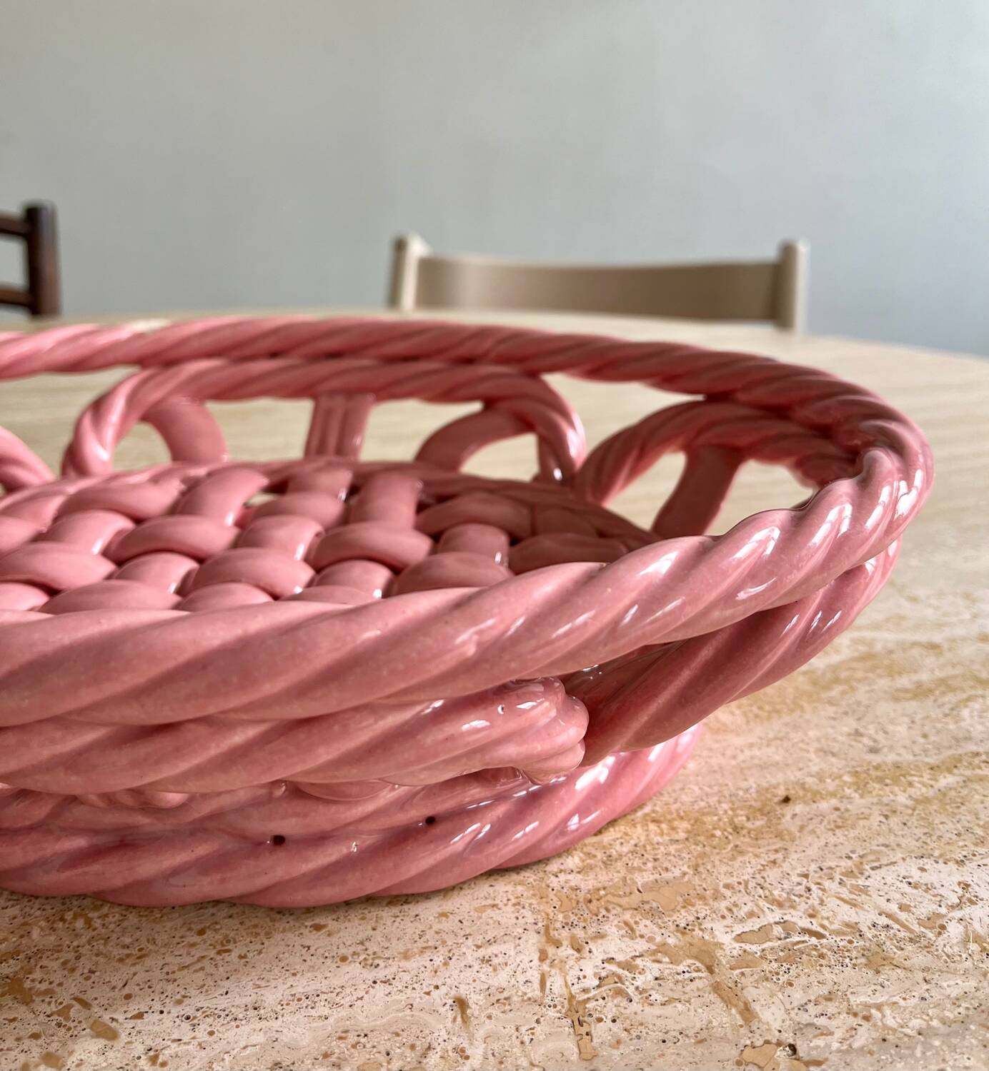Vintage pink woven ceramic fruit basket