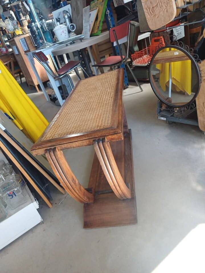 Table console Art Déco en bois et cannage