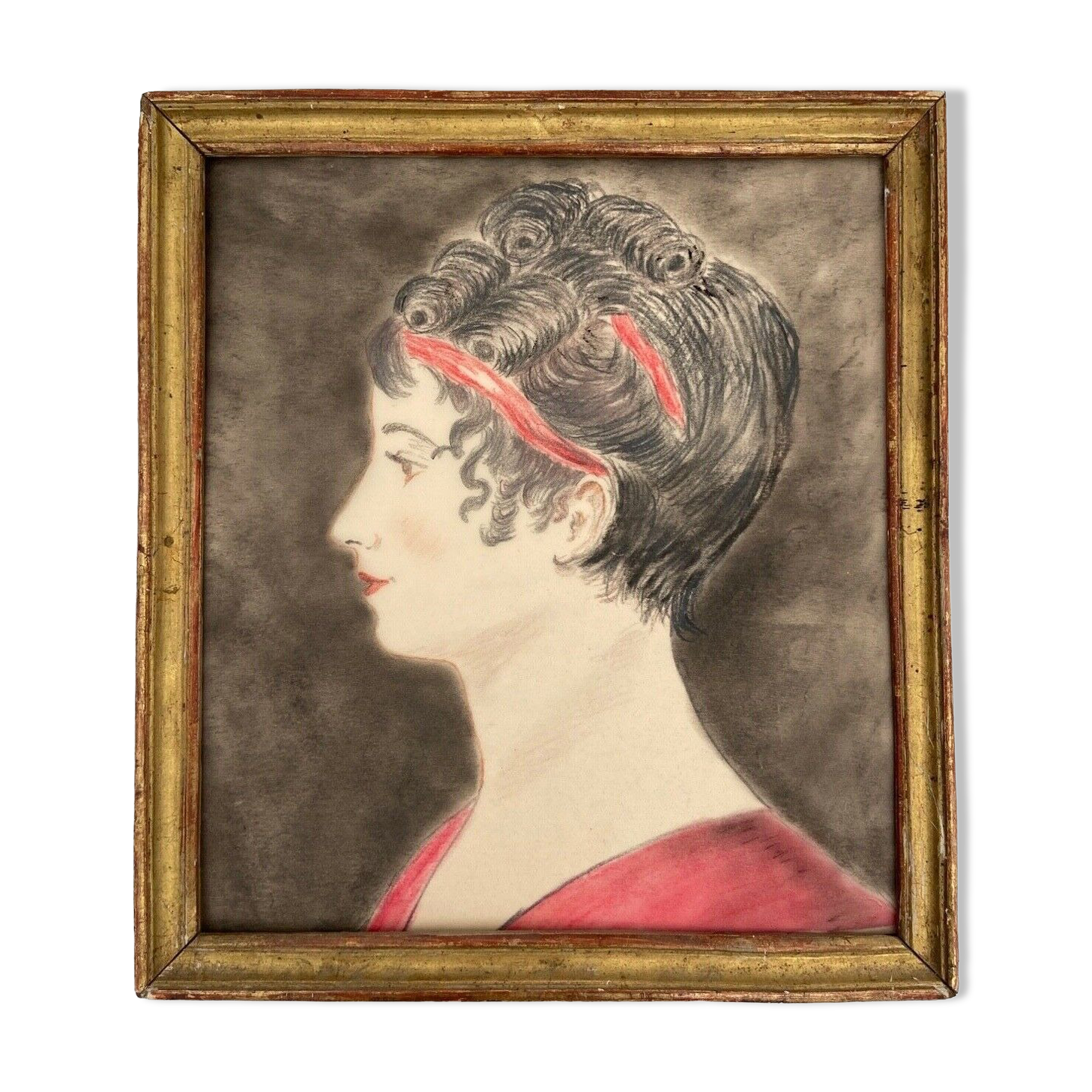 Aquarelle sur papier calque portrait femme travail debut xxe cadre dore