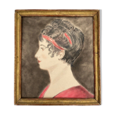 Aquarelle sur papier calque portrait femme travail debut xxe cadre dore