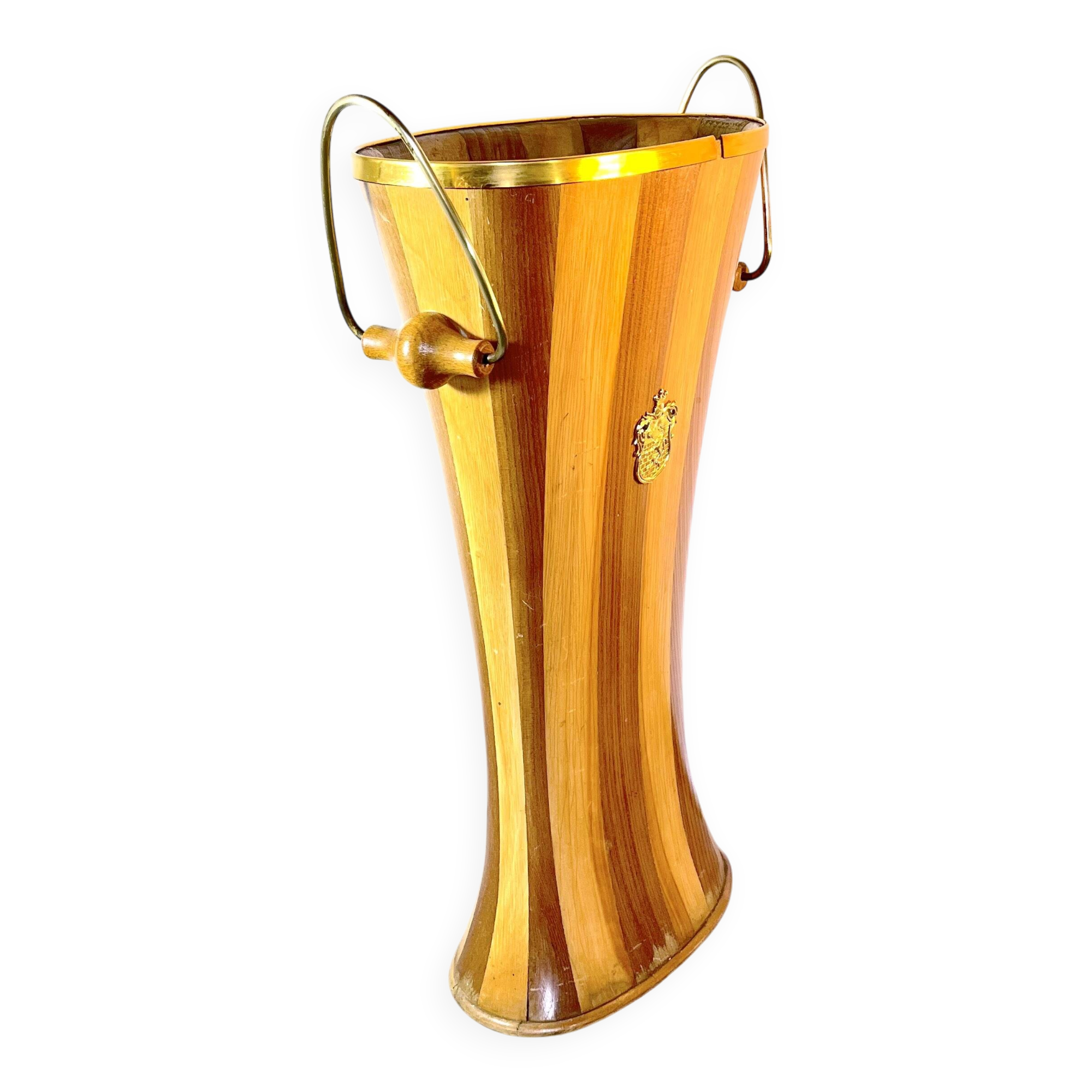 Cane or umbrella holder in varnished wood, brass, with coat of arms, Italy 1950