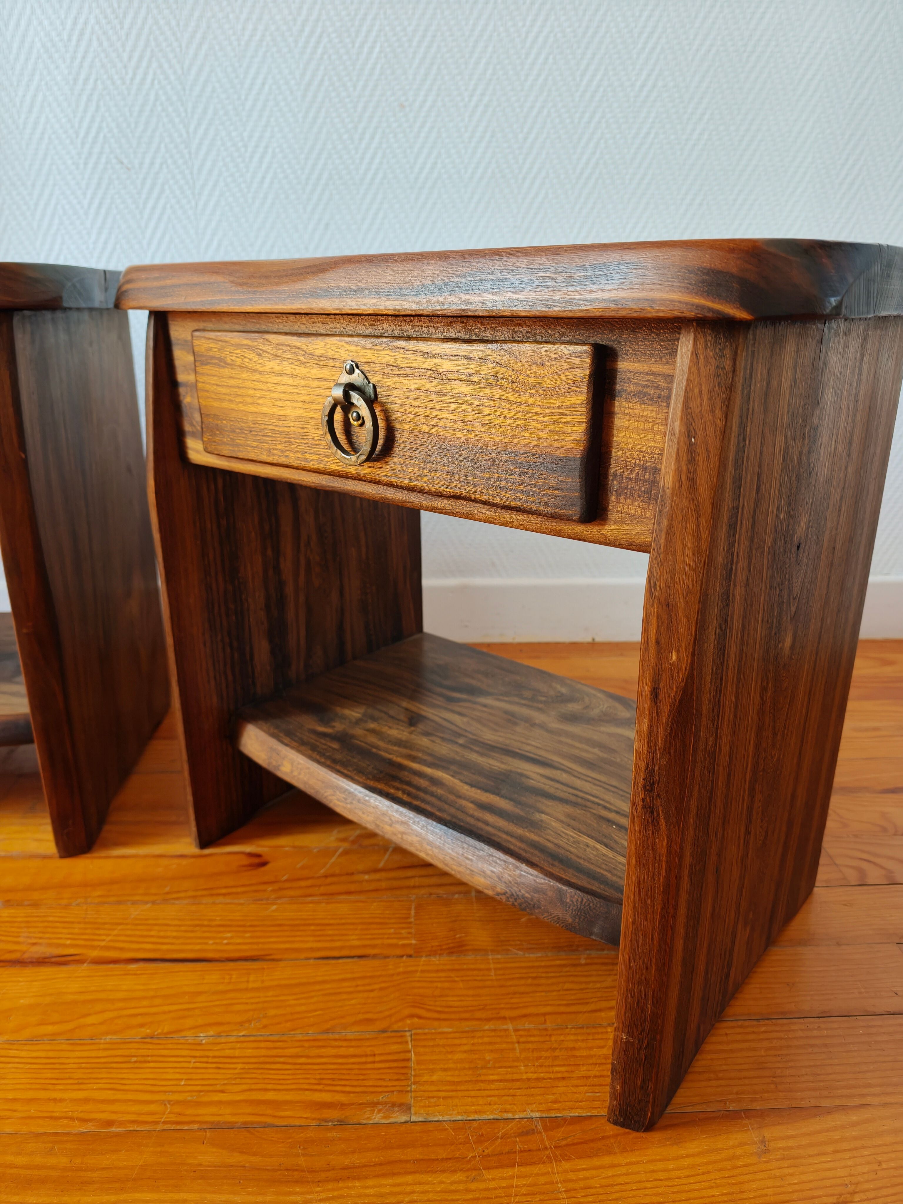 Pair of solid elm bedside tables, France 1970.