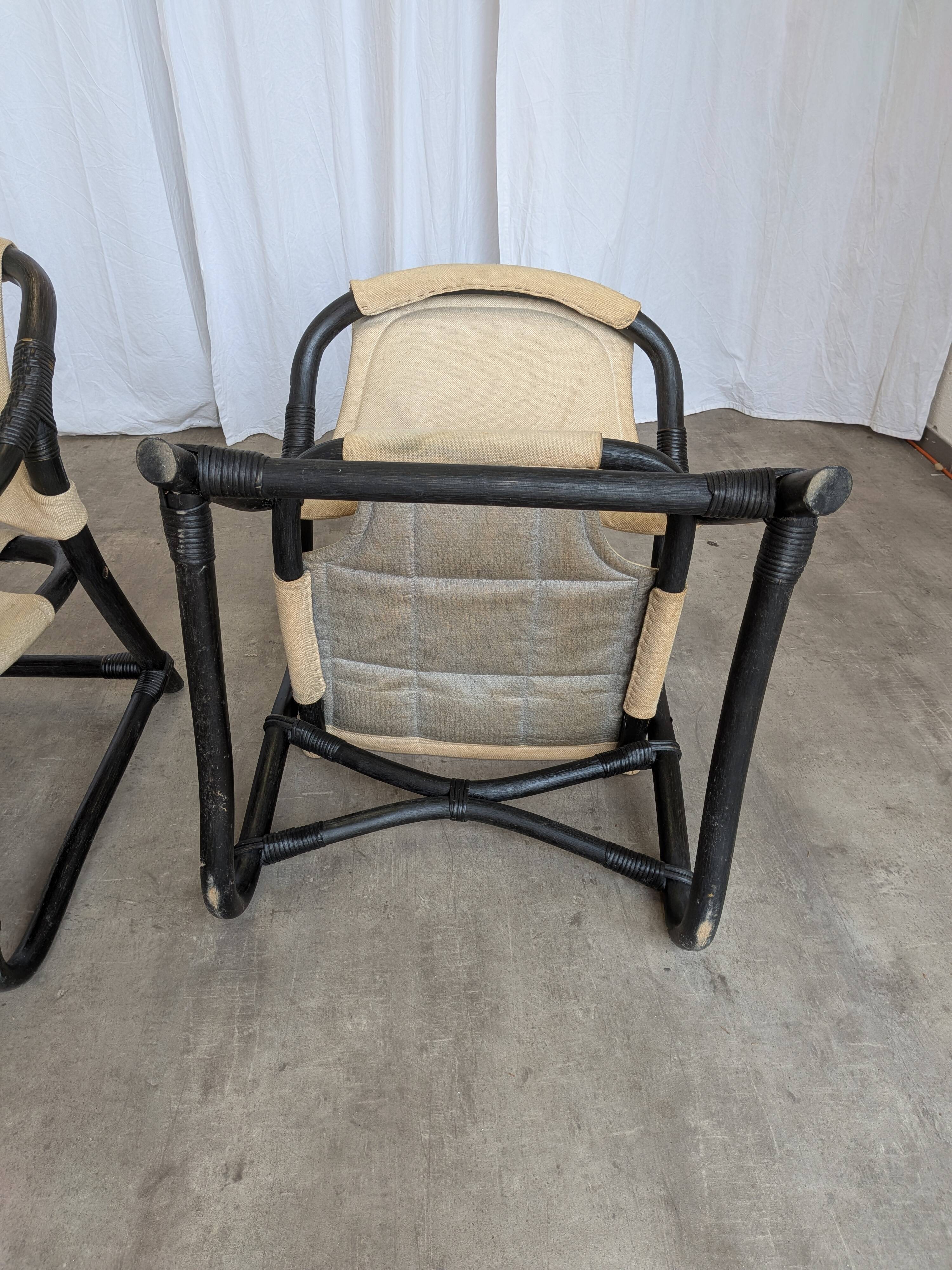 2 Vintage Espri Safari Lounge Armchairs / Rare Mid-century Black Bamboo and Beige Fabric Easy C