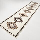 Tapis runner kilim vintage beige marron, motifs géométriques 388x101cm