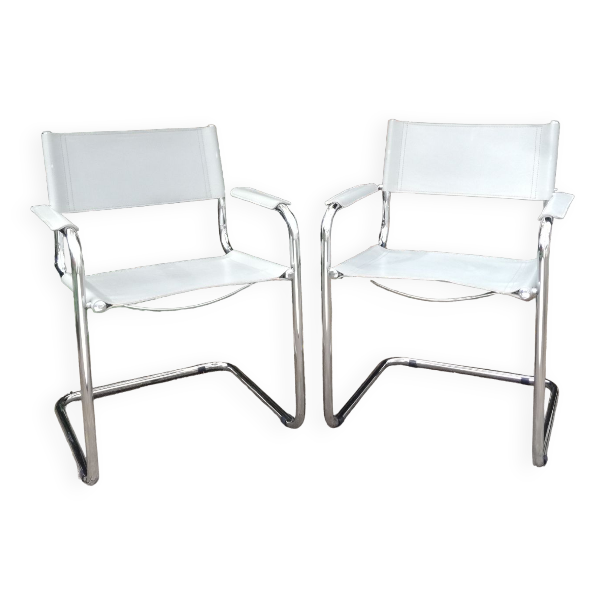 Pair of cantilever armchairs in grey leather made in italy