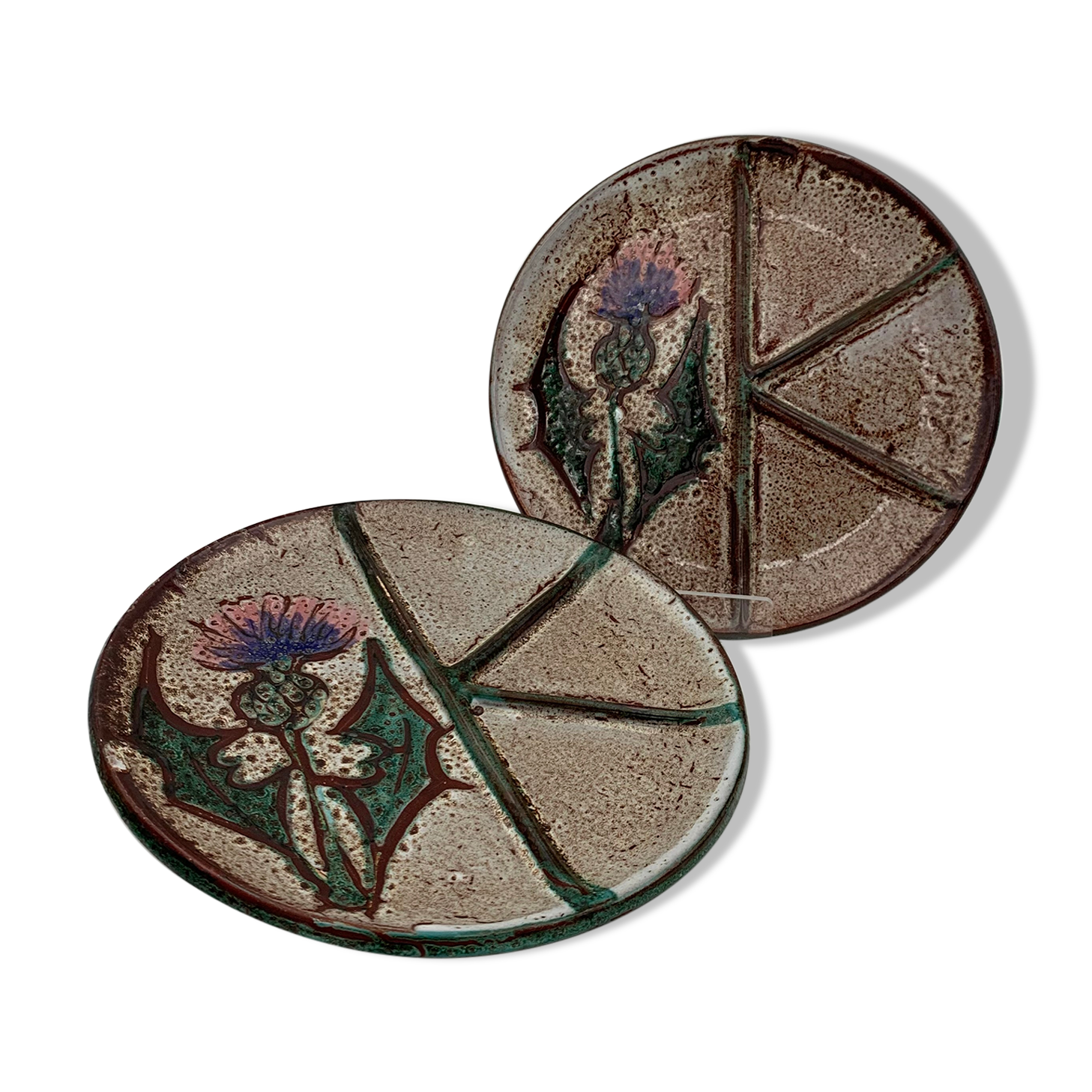 Two vintage plates daniel étienne, vallauris, "chardons" - 1970s