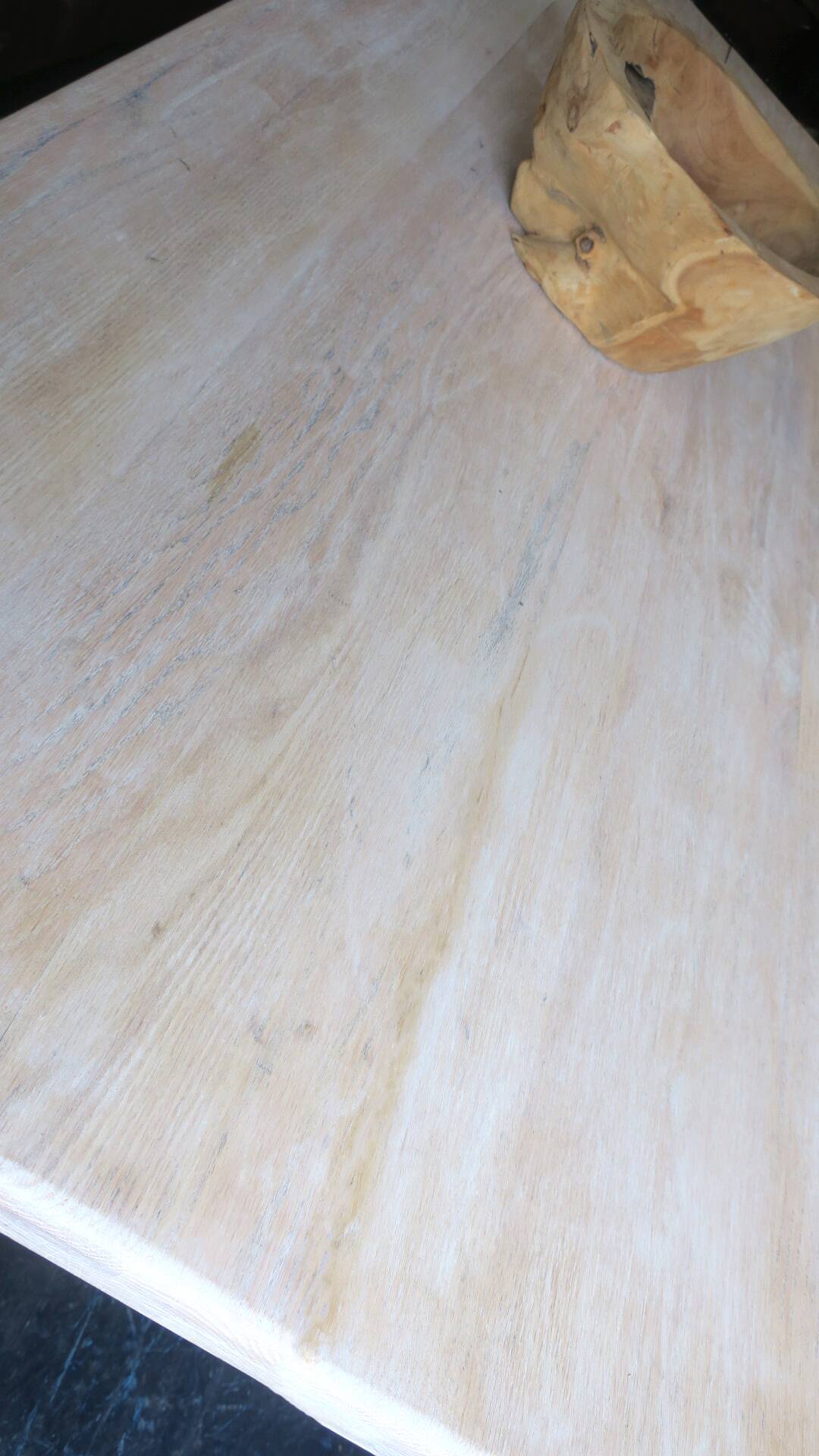 Large farmhouse trestle table in limed oak, 1940s-50s