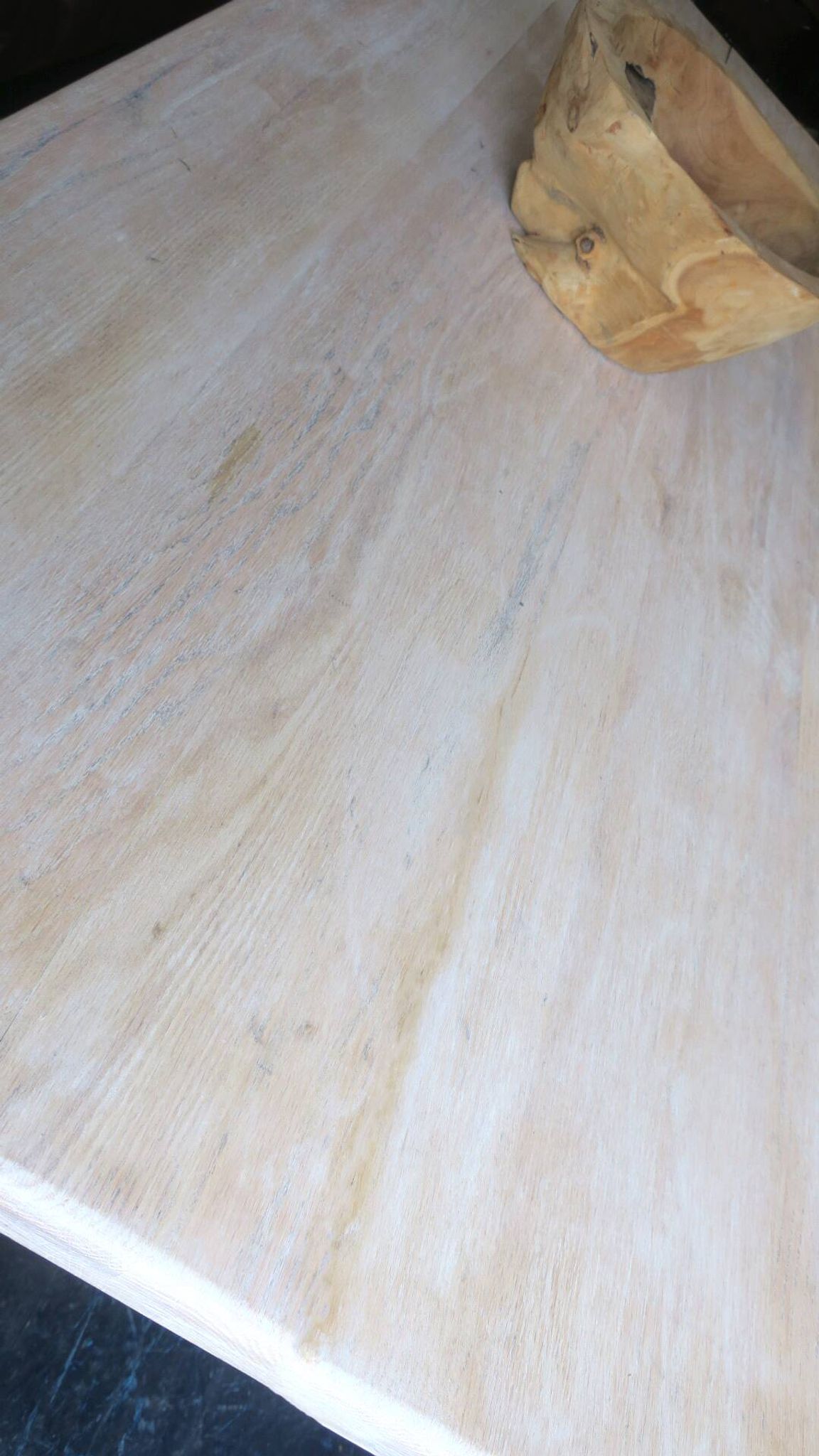 Large farmhouse trestle table in limed oak, 1940s-50s