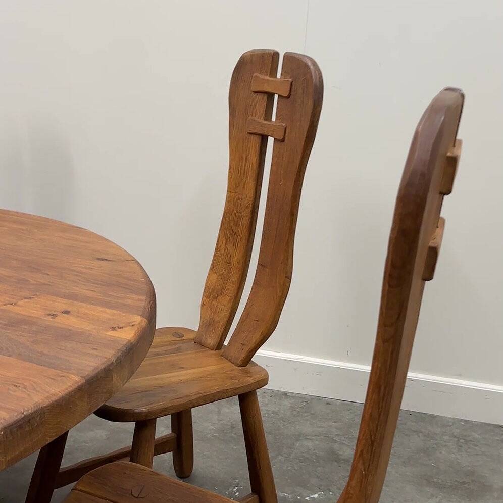 Rare majestic Depuydt brutalist oak dining set/chairs/table– Belgium, 1970s
