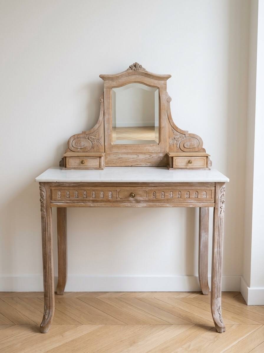 Coiffeuse ancienne en bois et marbre blanc avec miroir