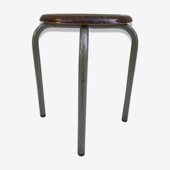 Tabouret ancien métal gris + formica imitation bois années 70 vintage