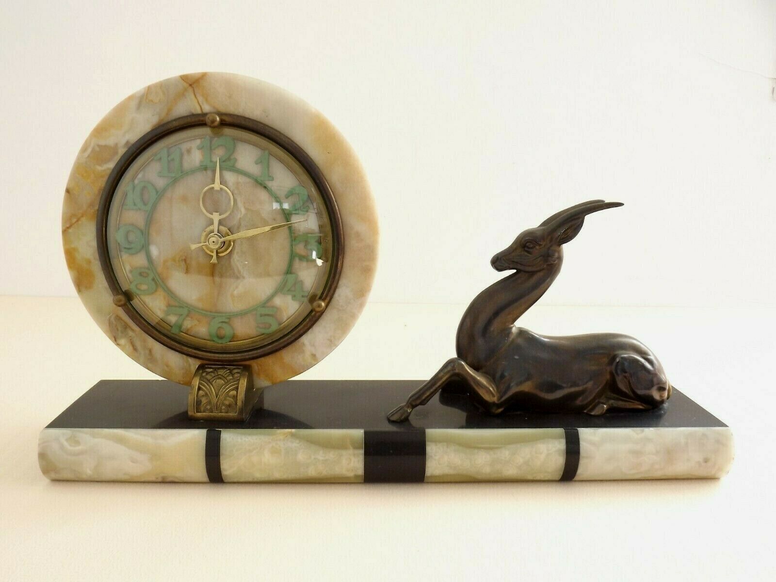 French Art Deco Clock Marble Onyx & Brass With A Bronzed Spelter Gazelle