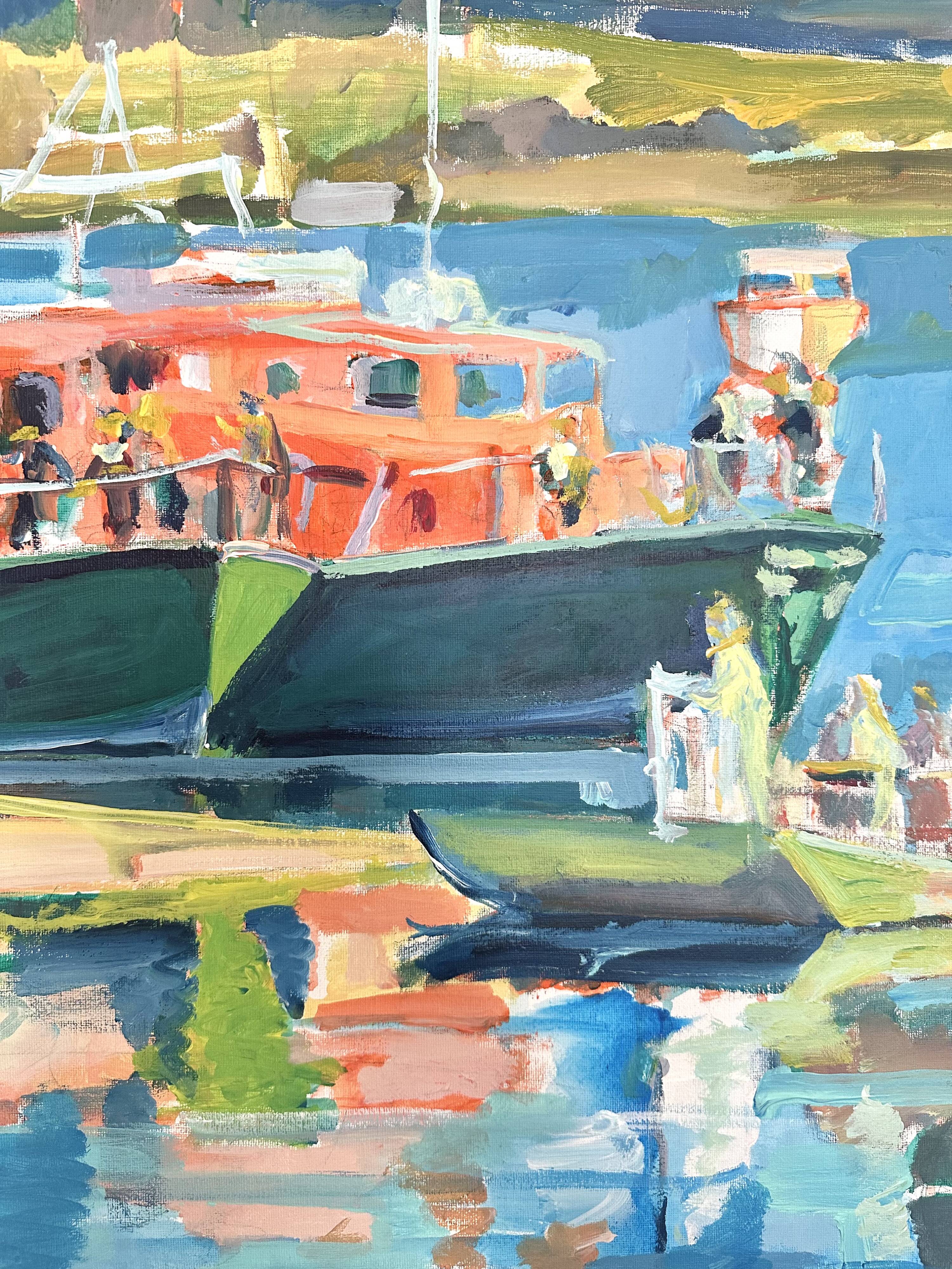 Oil on canvas signed, fishing port with colourful boats.