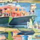 Oil on canvas signed, fishing port with colourful boats.